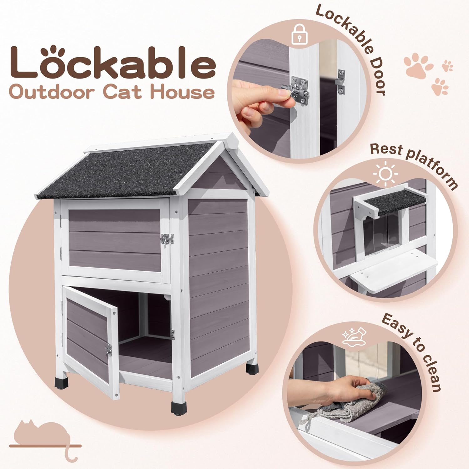 review Large Outdoor Two-Story Cat House, Weatherproof, Outdoor Feral Cat Shelter with Escape Door, Wood Cat Condo with Windows for 2-3 Cats or Small Animals (Purple, Two Story)