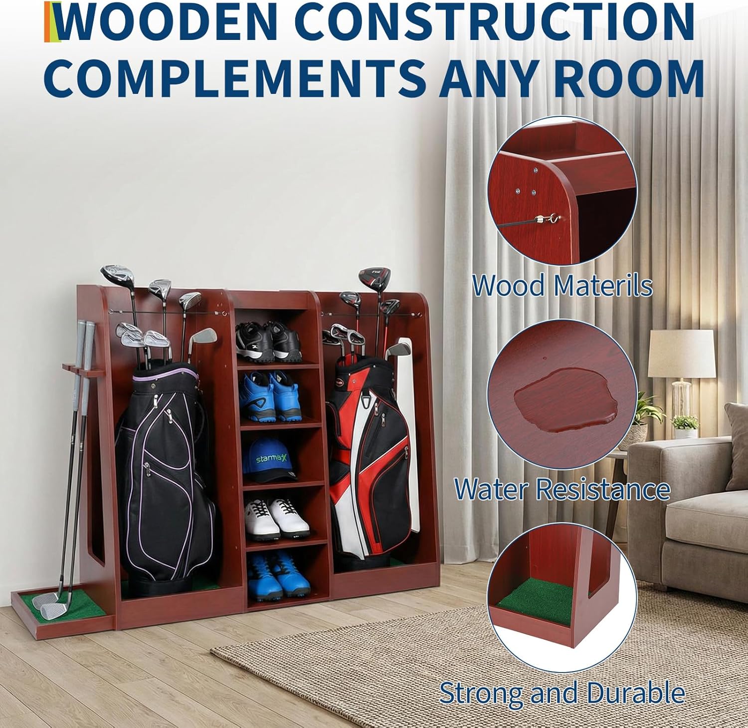 GarveeLife Golf Bag Organizer and Storage Rack, 2 Bag Capacity Wooden Golf Club Rack for Garage, Basement, Practice Room, Home, Great Gift for Golfers,Husband, Dad