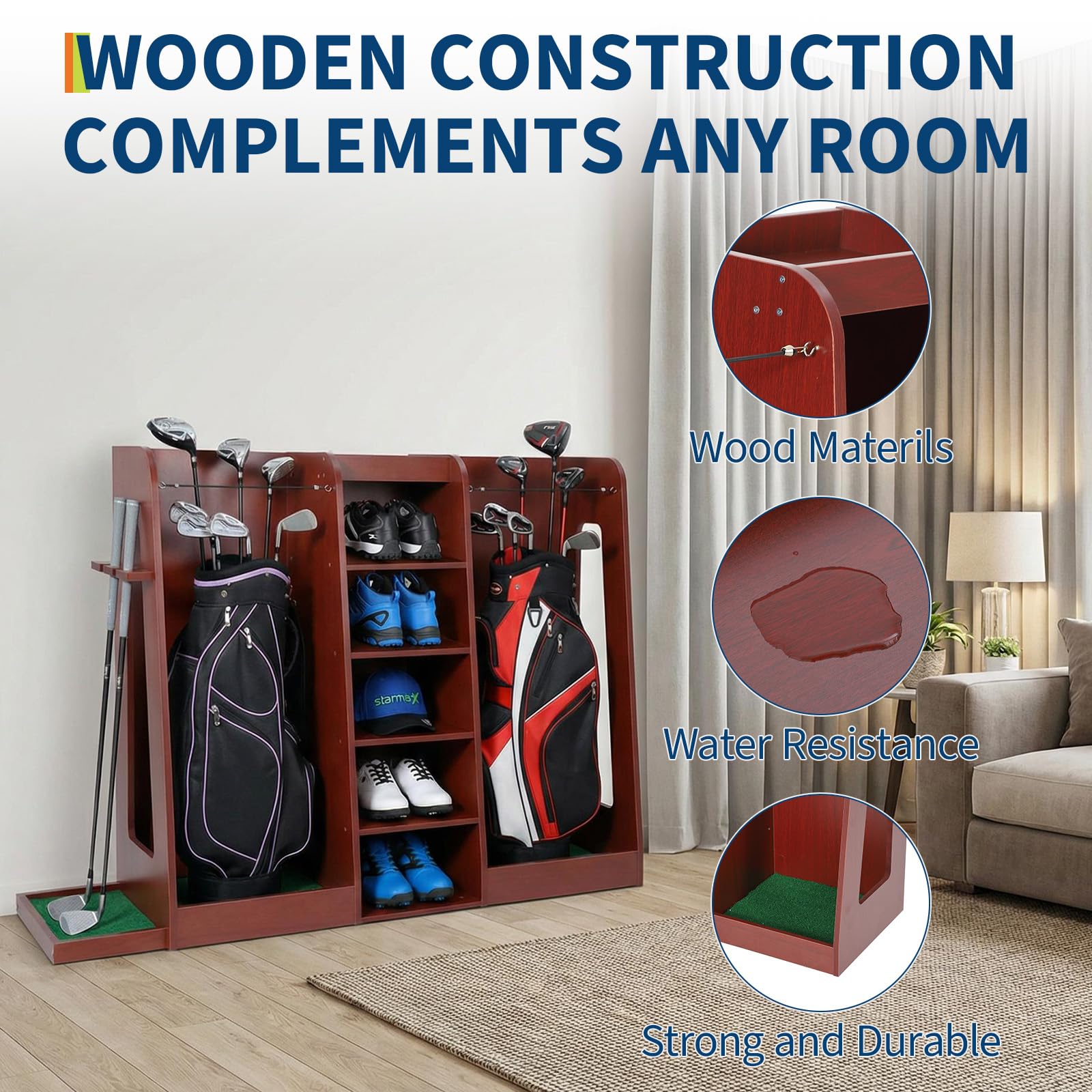 Garvee Organiseur Robuste pour Sacs de Golf – Rangement Bois pour 2 Sacs, Accessoires et Clubs – Idéal Garage, sous-Sol, Maison – Montage Facile