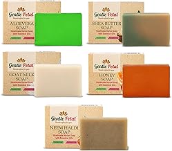 Gentle Petal Herbal Handmade Soap Combo Pack of 5 | Goat Milk, Shea Butter, Aloe Vera, Honey & Neem Haldi Soaps | Natural Bathing Bars for Glowing Skin | For All Skin Types | 100g x 5
