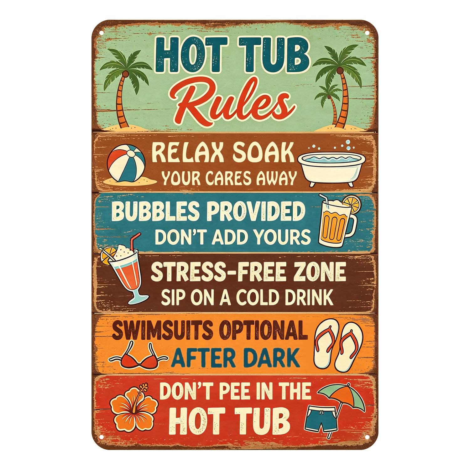 Viodenl Hot Tub Rules Funny Metal Tin Sign Vintage Rustic Metal Wall Decor For Bathroom, Home, Pool, Backyard, Outdoor Patio, 8X12 Inch