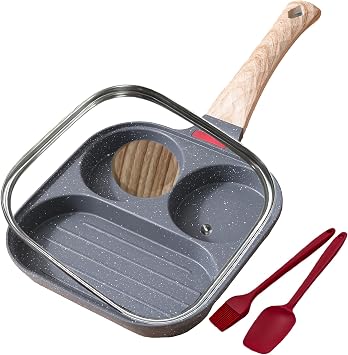 Egg Frying Pan 3-In-1 Divided Nonstick Egg Pan with Lid Breakfast Grill Pan Skillet Compatible with Gas Stove & Induction Cooktops Gray, Upgraded Lid