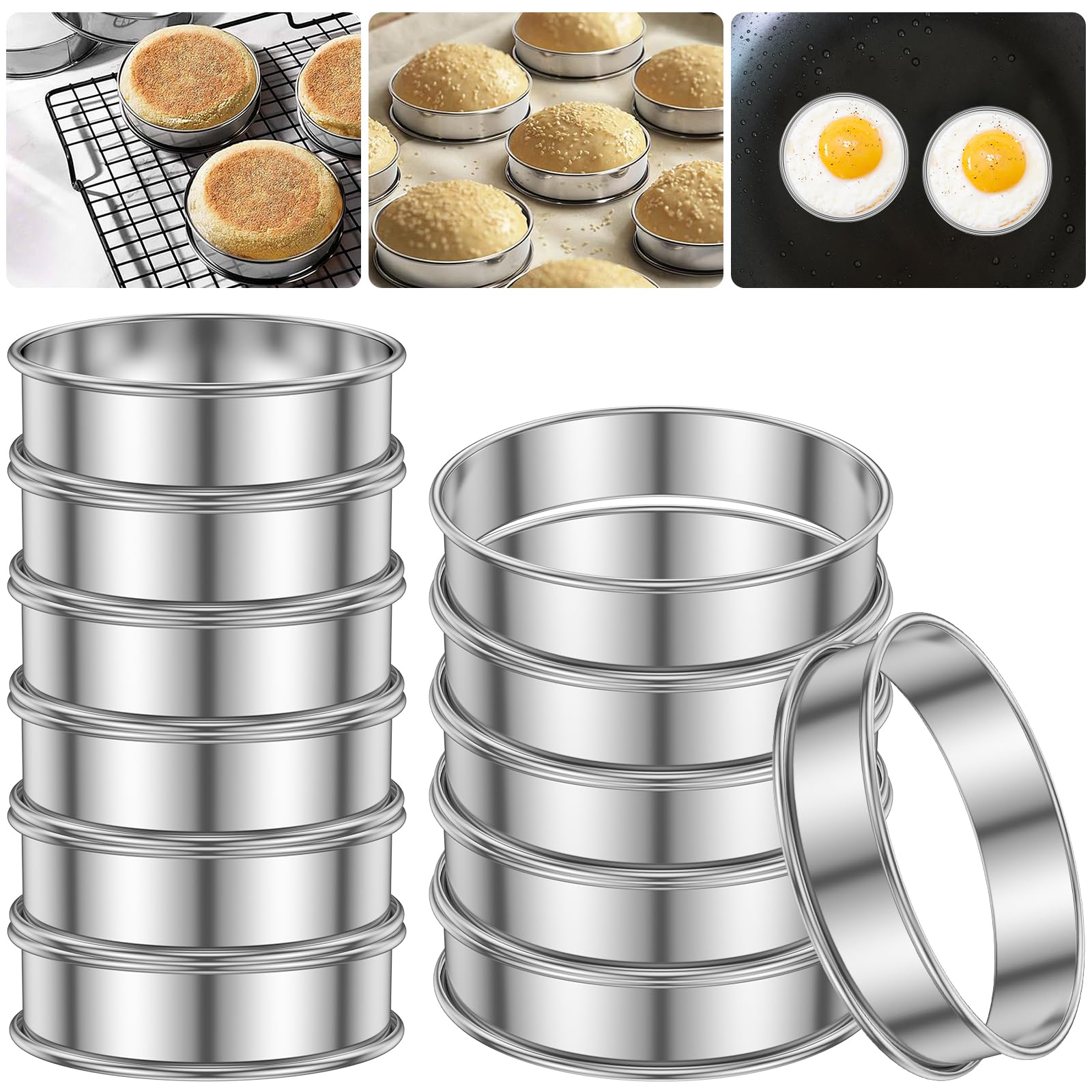 Gatphy 12Pcs Stainless Steel Crumpet Rings Non Stick English Muffin Rings