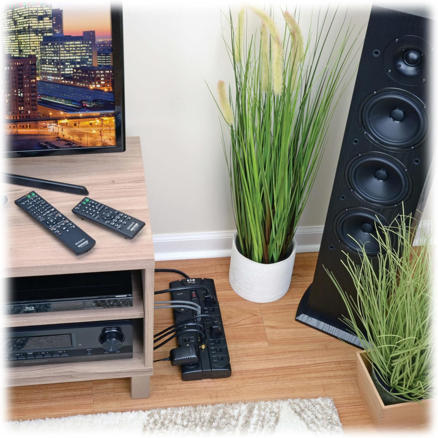Eaton Tripp Lite TLP1208SAT Home Theater Surge Protector Power Strip, 12 Outlets, Flat Plug 8ft Extension Cord, 2880 Joules Coax, RJ11 and RJ45 Port for Phone, TV, WiFi Router, & Ethernet Protection