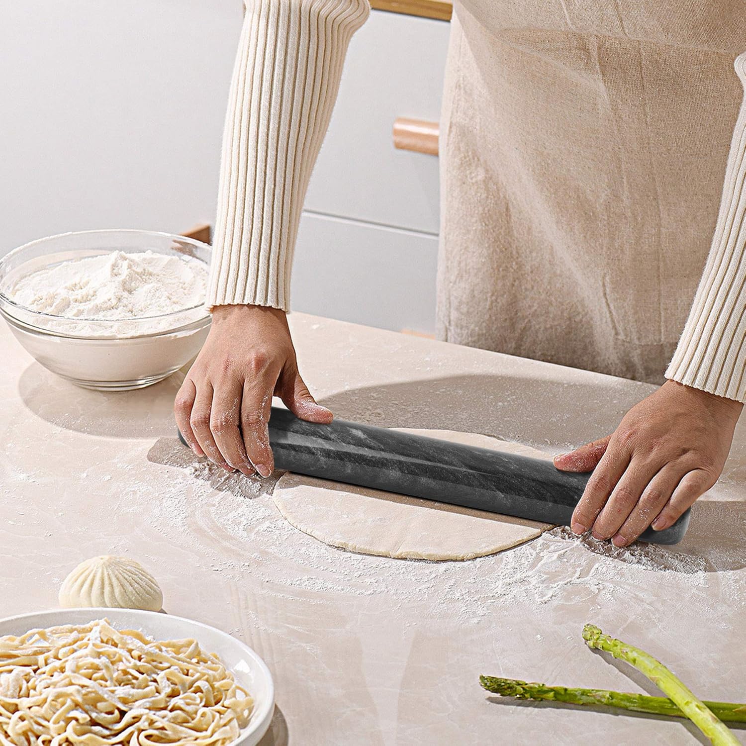 ComSaf Marble Rolling Pin with Wood Cradle 12 Inch Black, Non-Stick Dough Roller Professional Essential Kitchen Utensil French Heavy Duty for Baking, Pizza, Fondant, Pie Crust, Cookie, Pastry