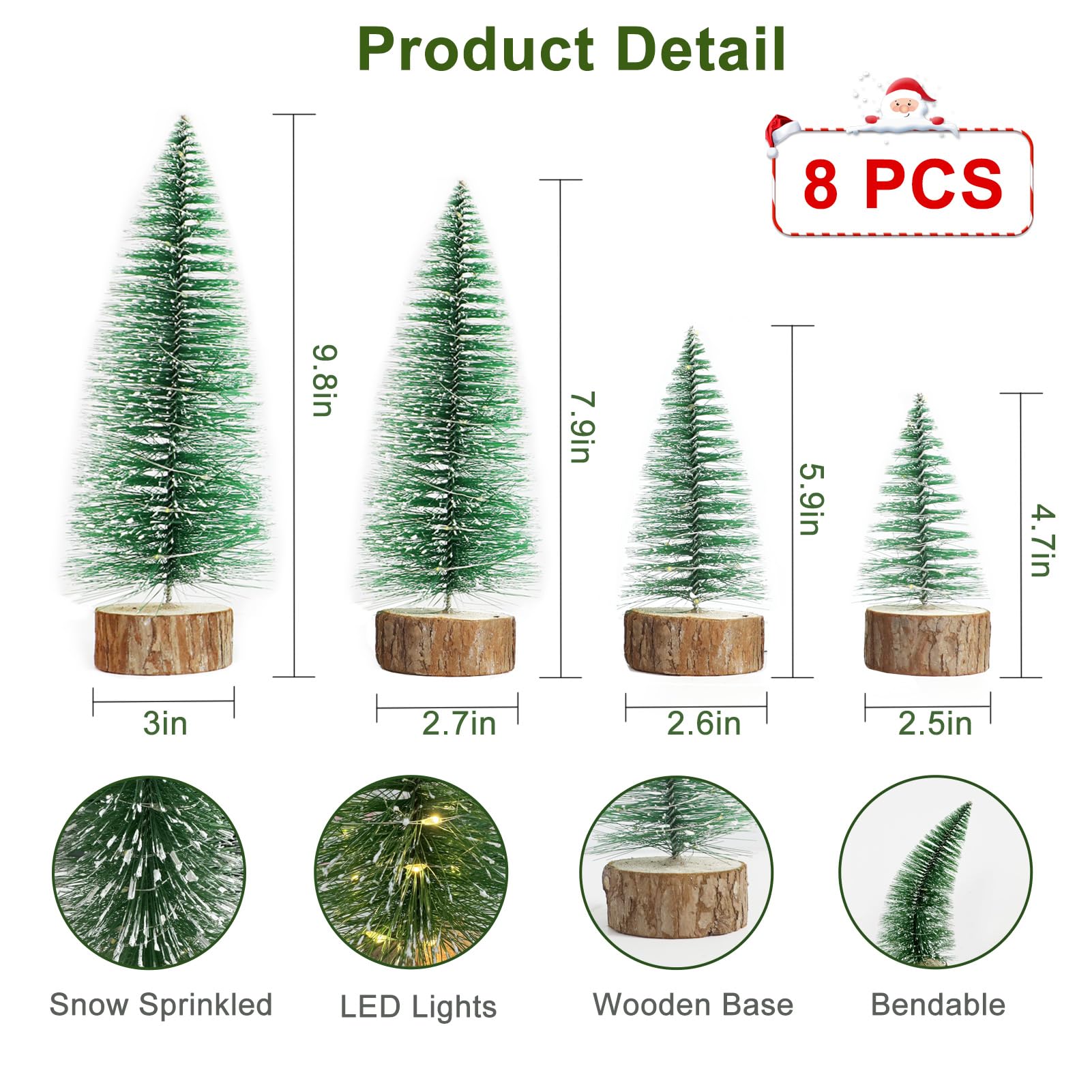 8 mini árboles de Navidad, 2 modos, árboles artificiales con temporizador, cadena de luces LED, pinos pequeños con base de madera para decoración del hogar (blanco cálido)