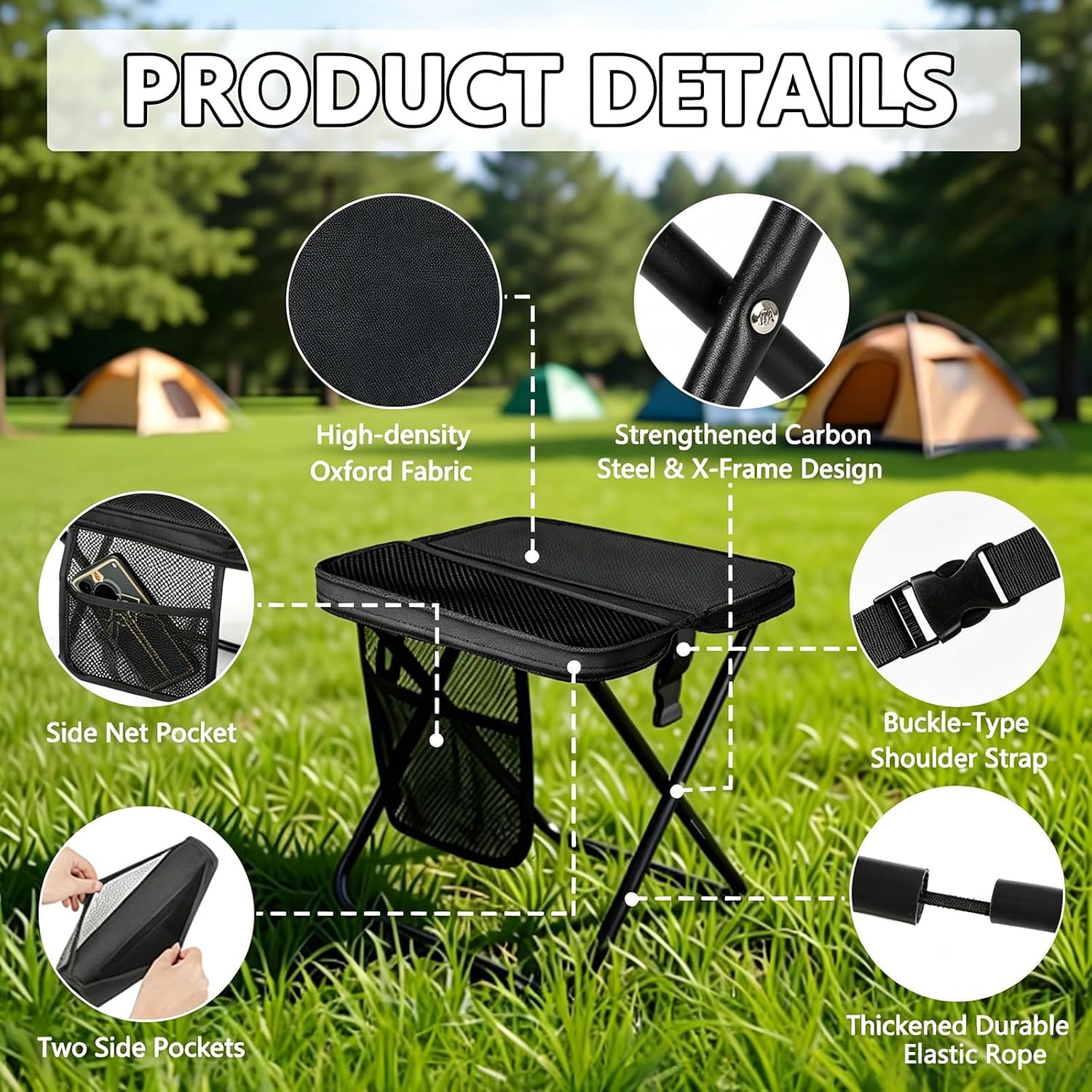 Portable Folding Stool Small Collapsible Camping Chair, 11.8" Tall Heavy Duty Travel Camp Seat Crossbody Bag Foot Stool Foldable Backpack Chair with 3 Pocket for Outdoor Hiking Picnic, Black