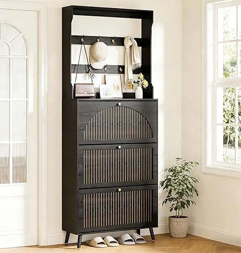 Miniatura 11 de Armario de almacenamiento de zapatos para entrada con 3 cajones abatibles, organizador estrecho de zapatos con panel estriado, armario oculto