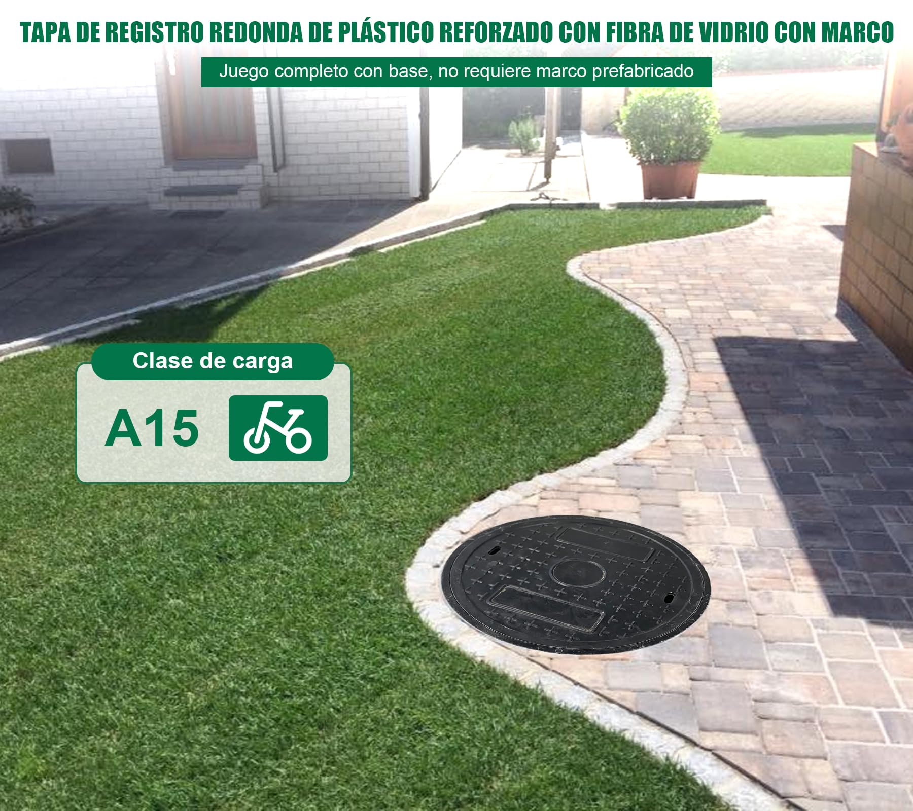 Ø 400 mm Cubierta de ojo redonda compuesta PRV, A15 Tapa de foso séptico de fibra de vidrio con marco, interior: Ø 270 mm para jardín, garaje, patio, pasillo