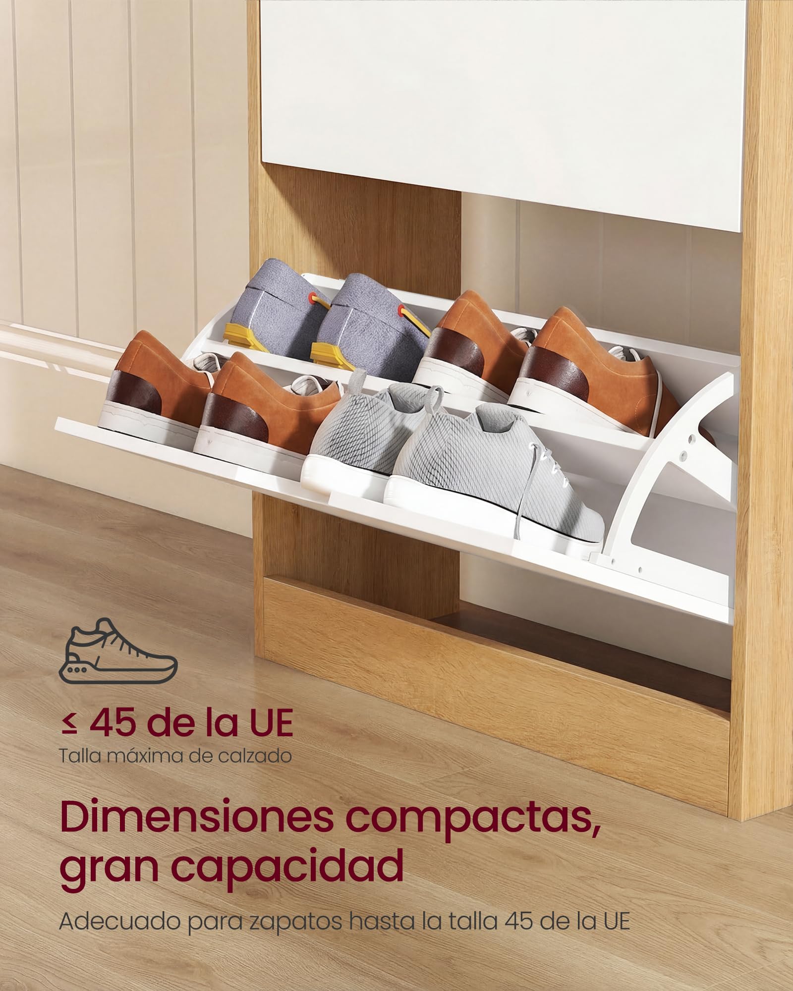 VASAGLE Custos Colección - Zapatero con Compartimiento Abierto y Divisor Ajustable, para Entrada, 3 Puertas Abatibles, 24 x 60 x 139 cm, para 15-18 Pares, Roble Dorado y Blanco Nube LBC046YA02