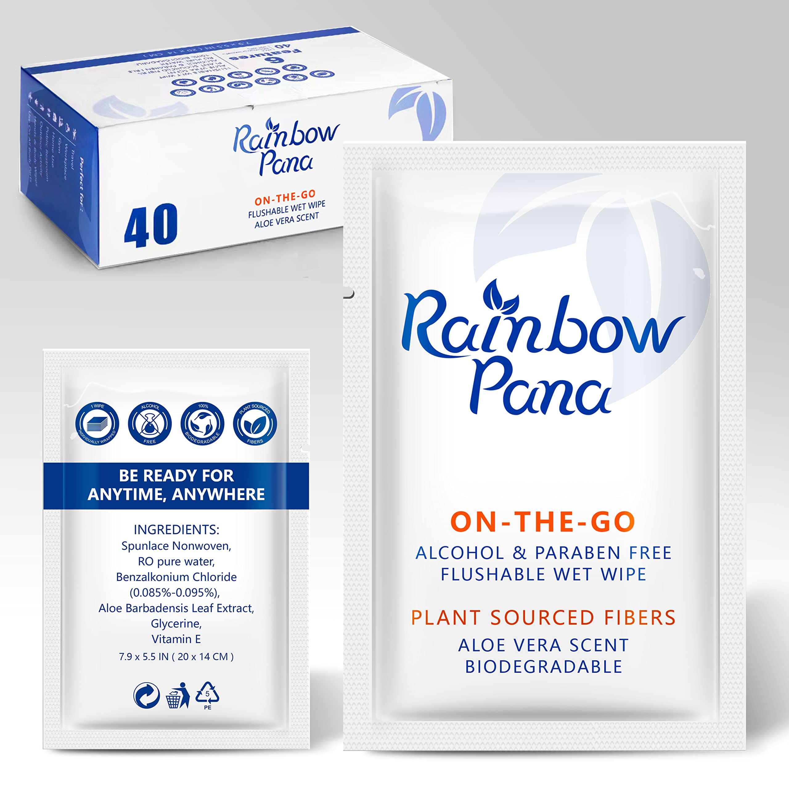 RainbowPana chusteczki do spłukiwania, 40 sztuk, ON-THE-GO pakowane pojedynczo – chusteczki do pośladków dla kobiet i mężczyzn, chusteczki podróżne dla rodziny, nasycone witaminą E i naturalnym