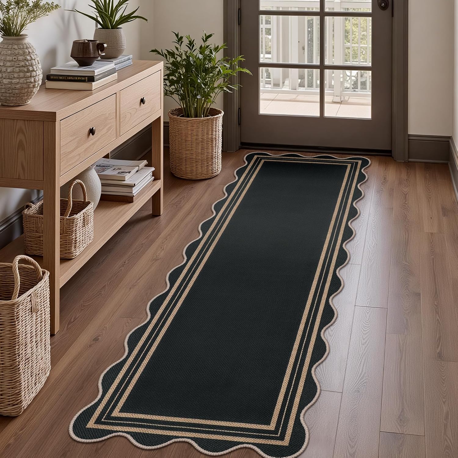 LORWER Easy Jute Scalloped 2x6 Runner Rug for Hallway, Washable Kitchen Rugs Non Slip Outdoor Indoor Black Hallway Rug, Farmhouse Morden Carpet for Porch Bedroom Laundry