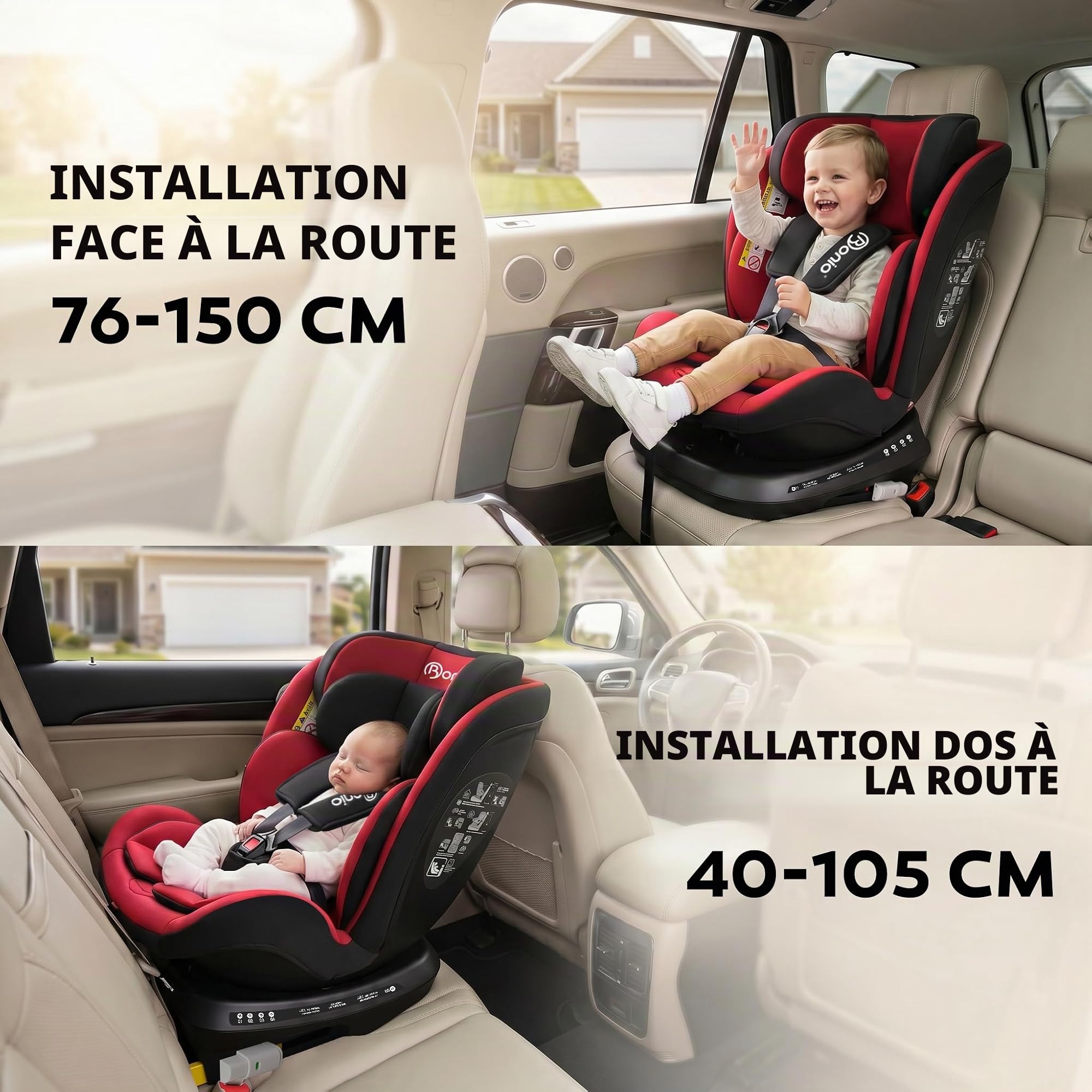 Bonio Siège auto I-SIZE 40-150 cm, pivotant à 360°, avec fixation Isofix, 0-36 KG (Rouge)