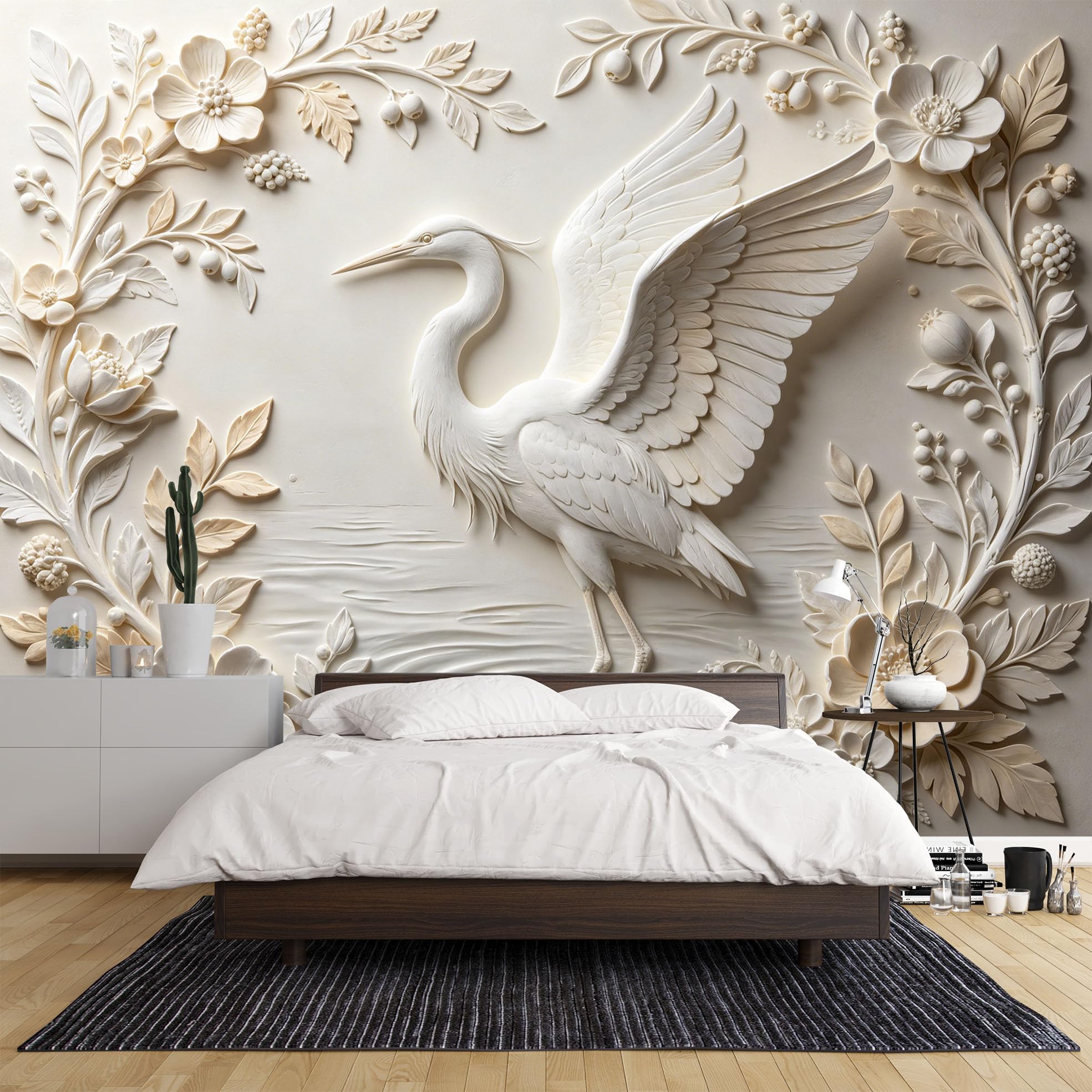 Carta Da Parati Murale con Airone Bianco E Fiori Selvatici 600×420 cm (Lxa) Carta Da Parati Fotografica In Tessuto Non Tessuto Atmosfera Estetica Orientale Decorazione Murale con Uccelli E Fiori Pe