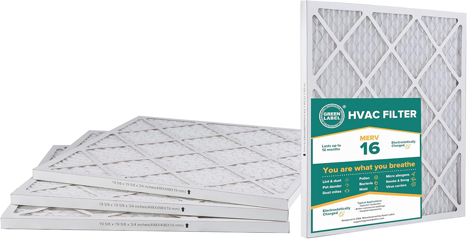 Green Label Brand 4 Pack HVAC Filters Fit Most AC FURNACE AIR SYSTEMS MERV 16 (20x20x1) Green Label Brand 4 Pack HVAC Filters Fit Most AC FURNACE AIR SYSTEMS MERV 16 (20x20x1)