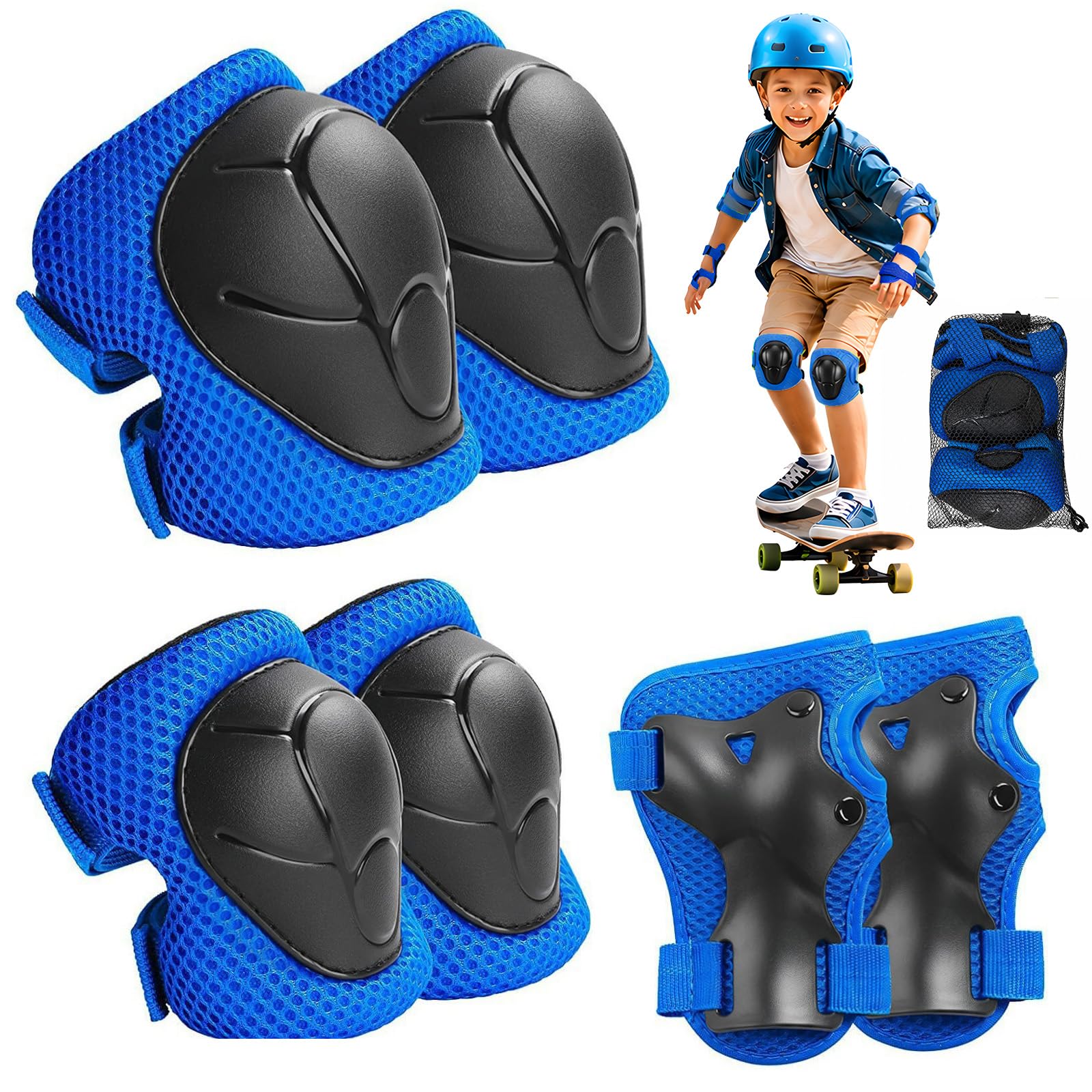 Lafefe 6PCS Blue Kids Protective Gear Set Knee Elbow Wrist Pads, Lightweight Breathable Mesh & Hard Shell, Adjustable Straps Safety Pads S Size for Roller Skating Cycling Skateboard