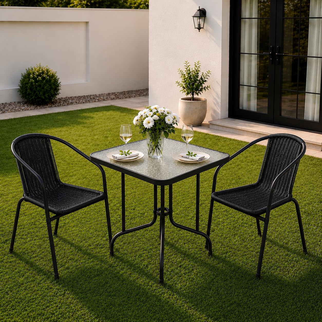 Emirates Living 3 Piece Garden Bistro Set | Outdoor Patio Table and 2 Chairs Set | Tempered Ripple Glass Top | Powder Coated Steel Frame | Weather Resistant Balcony Furniture | Black