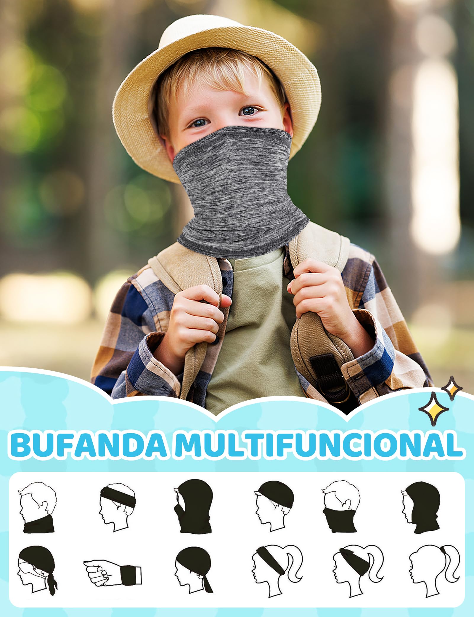 Kiiwah 2 Piezas Braga Cuello Fino para Niño Niña, Bufanda Cuello Multifunción Transpirable para Ciclismo, Senderismo, Pesca, Deportes (Negro, Gris)