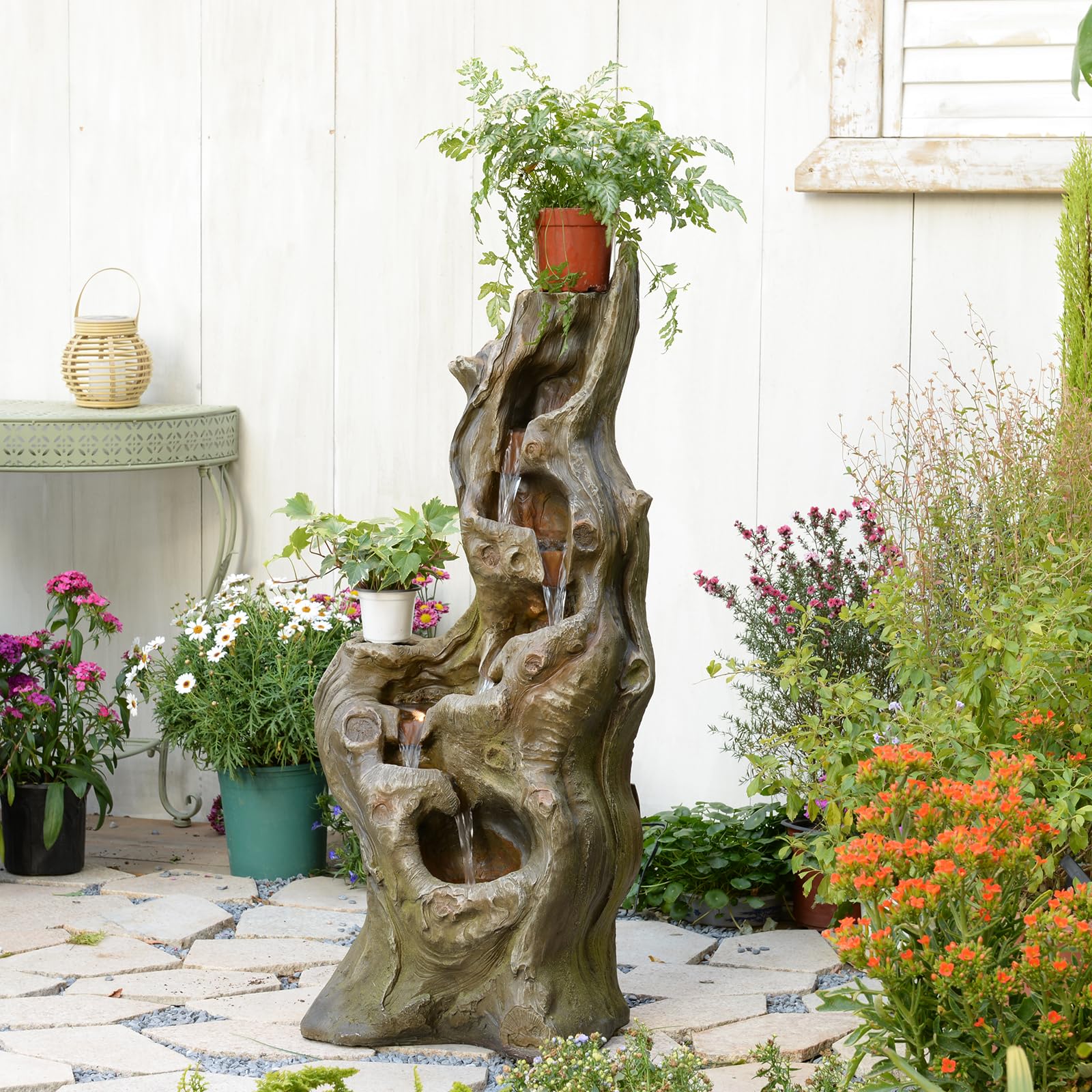 Bumilgar Caractéristiques d'eau de jardin 5 niveaux Grande cascade réaliste Tronc d'arbre naturel Fontaine extérieure en résine Imitation bois avec lumières LED pour jardin, patio, terrasse 101 CM