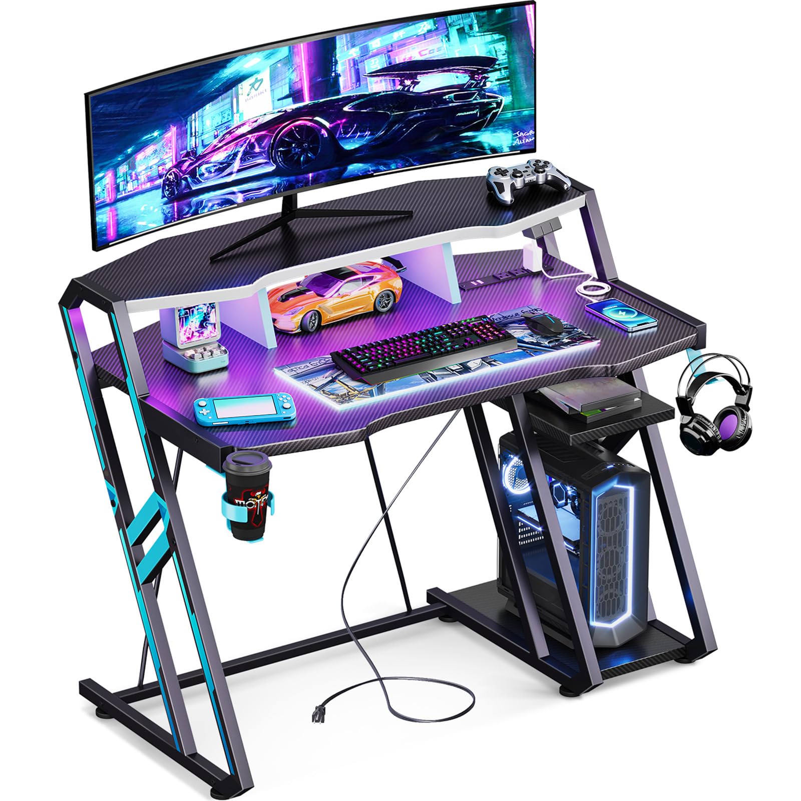 MOTPK Gaming Desk with Power Outlet & LED Lights, Computer Desk 40 Inch with PC Storage Shelf, Gaming Table with Carbon Fiber Texture, Gamer Desk, Gift for Boys Men, Black