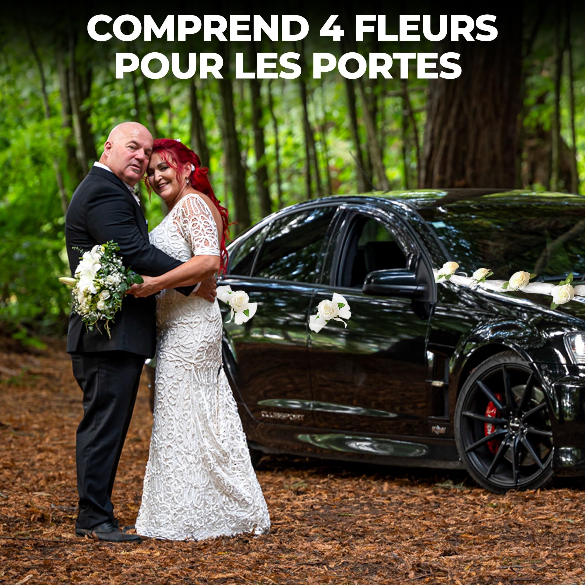 Nueva Vida décoration Voiture de Mariage - Fleurs en Soie pour Votre Voiture Nuptiale - 2 guirlandes décoratives de 180 cm pour Le Capot, INCL. 4 nœuds de Porte