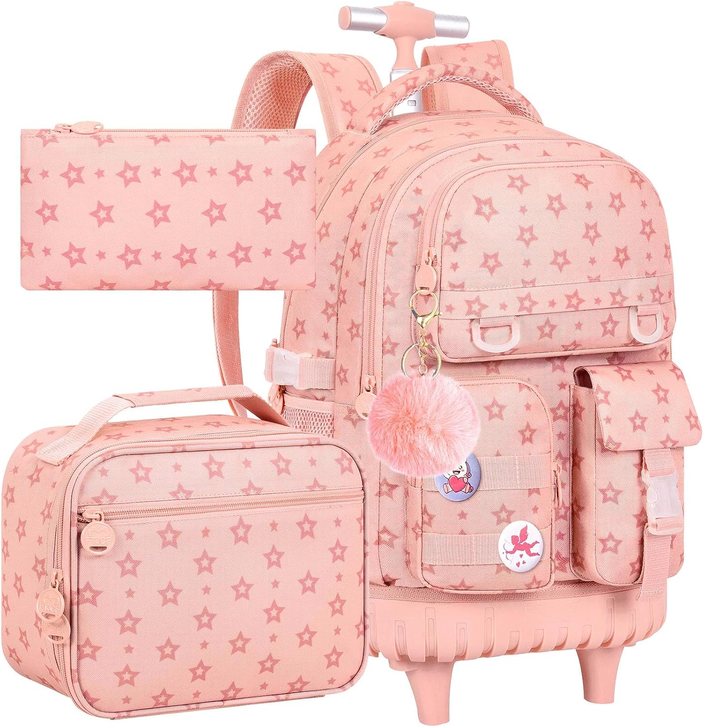 WZLVO 3PCS Rolling School Backpack, Water Resistance Girls Roller Bookbag, Women Aesthetic Wheeled Bag Set with Lunch Box & Pencil Bag for Teens & Kids - Pink Star