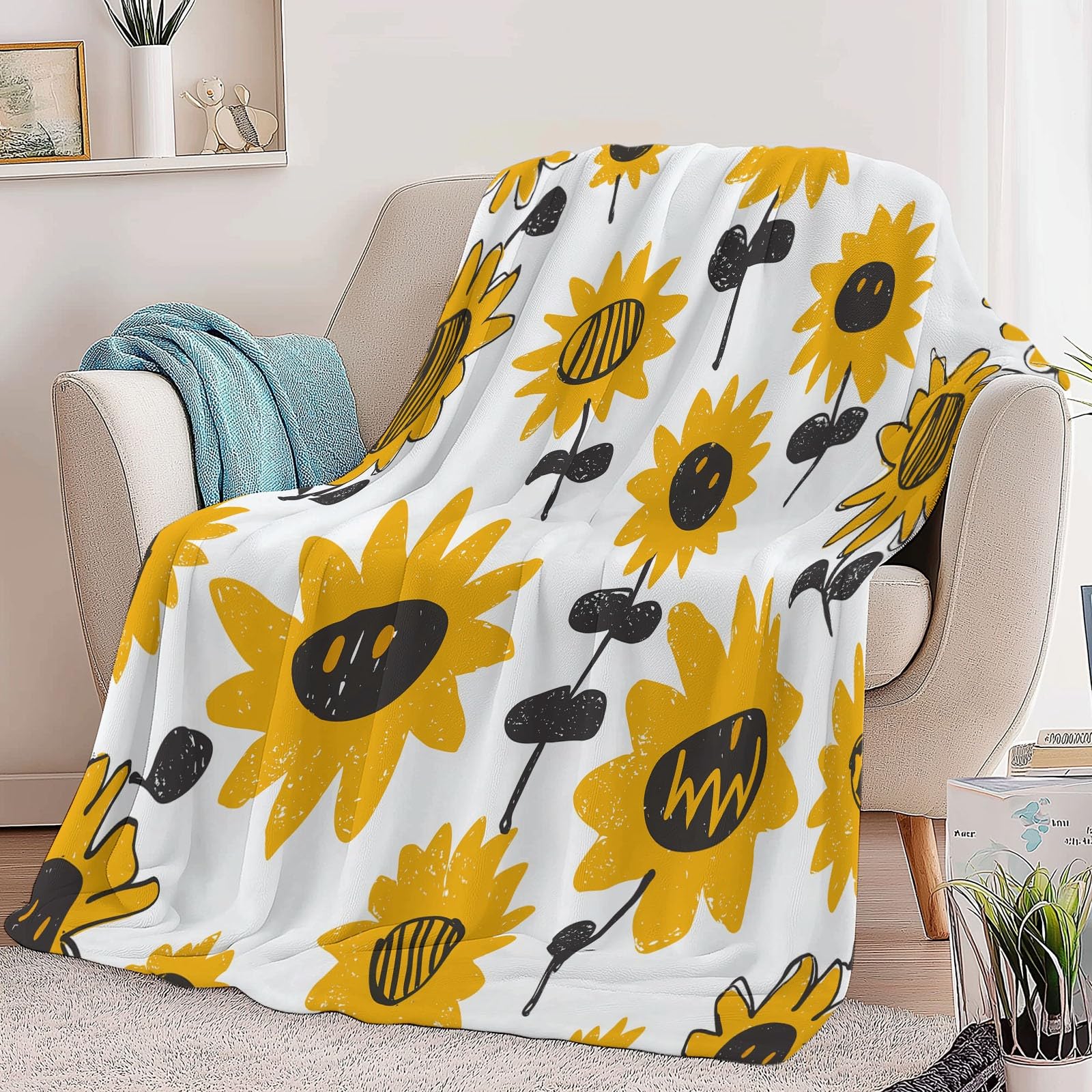 Cartoon Style Flanelowy koc z nadrukiem 220 x 240 cm, ciepły i miękki vintage słonecznik z uśmiechniętą buźką dekoracyjny koc na zimę łóżko sofa i salon