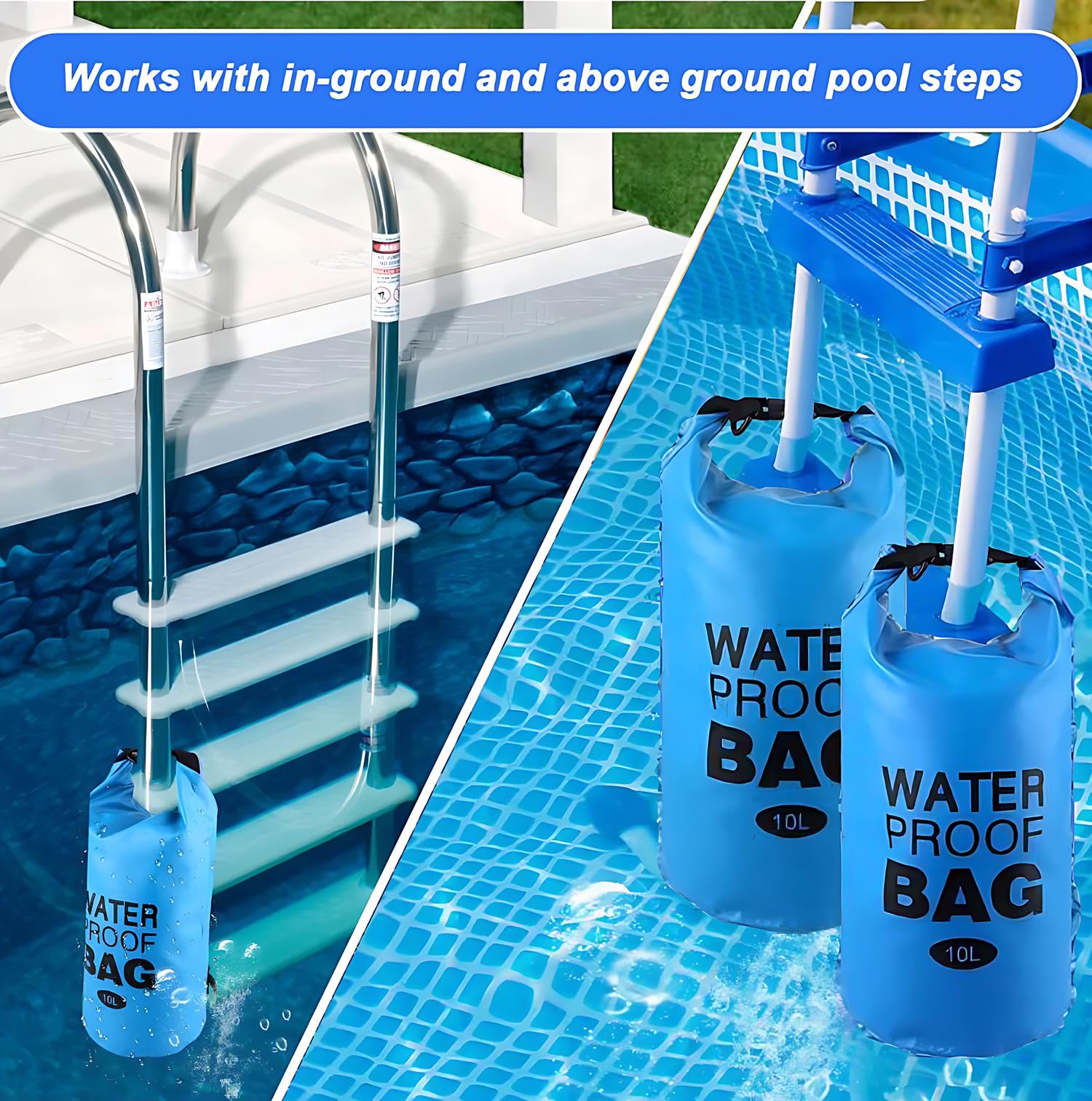 Lot de 2 poids d'échelle de piscine 2 en 1 et sac étanche – Sacs de sable robustes de 10 L pour piscines hors sol, PVC 500D sans fuite avec mousqueton, multi-usage pour le camping, le bateau, la