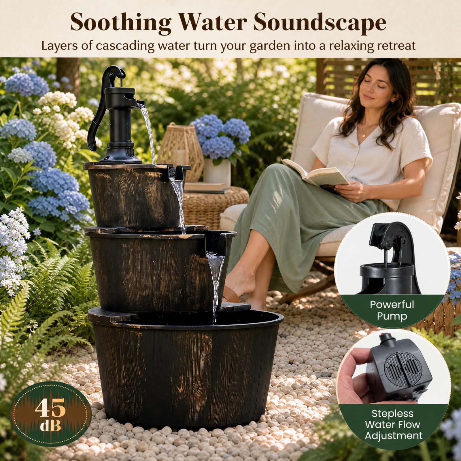 HOMASIS Fontana Decorativa da Giardino a 3 Livelli con Pompa Silenziosa | Fontanella a Cascata da Esterno in Stile Rustico con Velocità Regolabile per Balcone e Terrazza, Bronzo Antico, 52x60x92,5 cm