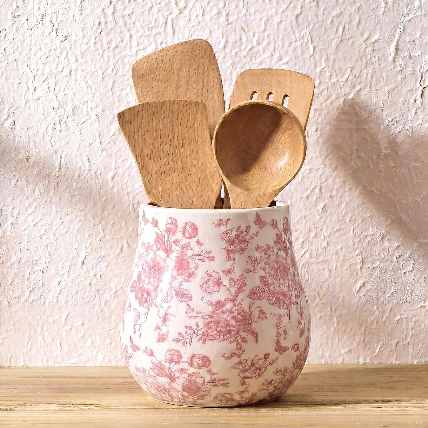 Pink and White Floral Ceramic Utensil Holder