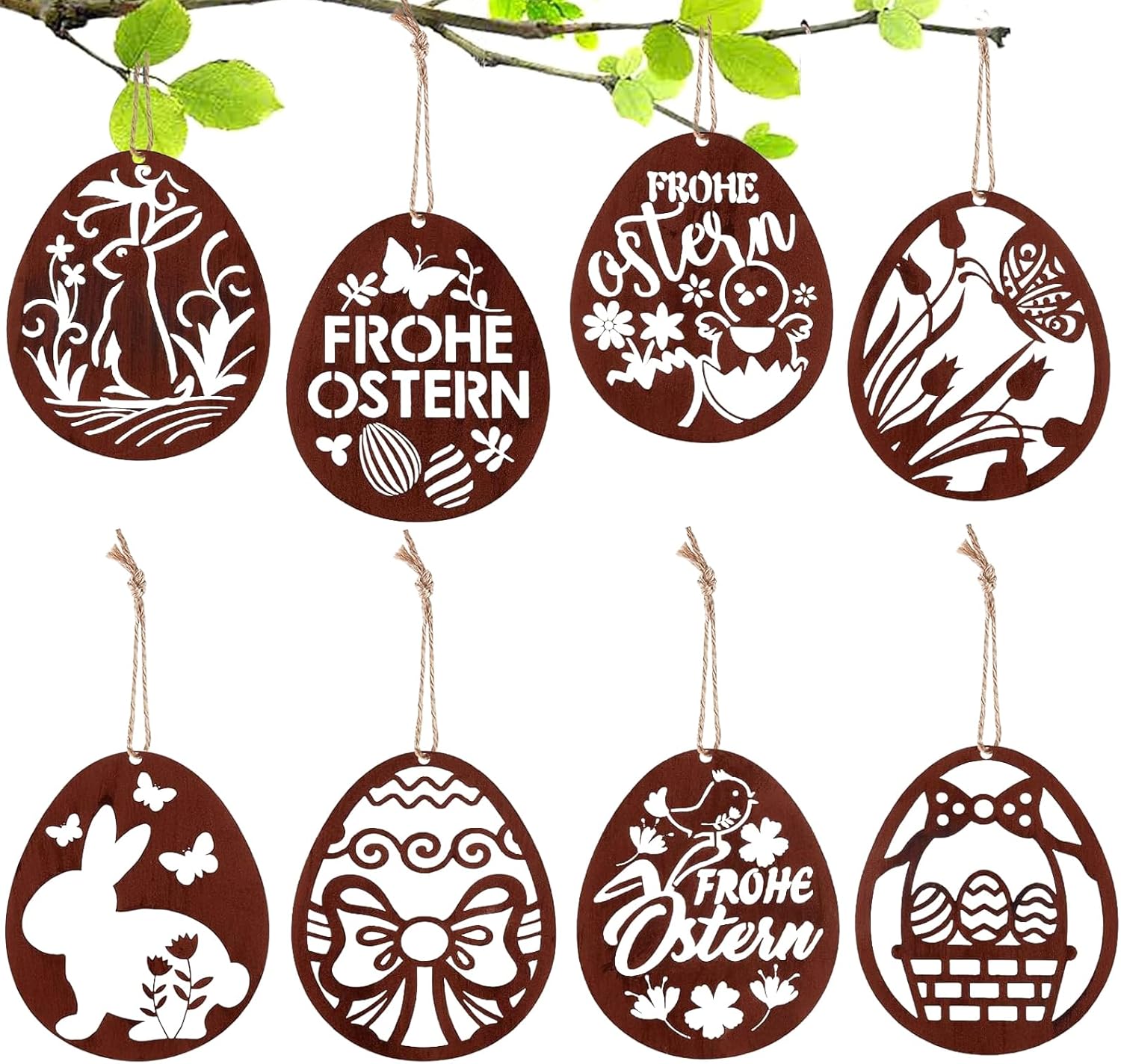 Osteranhänger aus Holz, Gyvazla 50PCS unvollendete Ornamente Osterei Häschen Hähnchenförmige Blume hängendes Holz Osterausschnitte mit 12 Farbmarkierungen für Kinder Osterfeierzubehör DIY Dekor