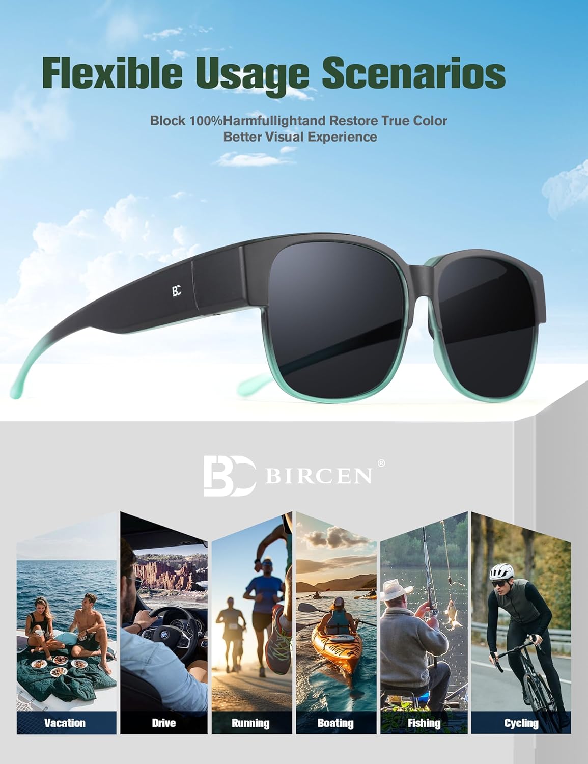 BIRCEN Polarized Fit Over Sunglasses: Wear Over Glasses Sunglasses Wrap Around Fitover Shades for Men Women UV Protection - Image 6