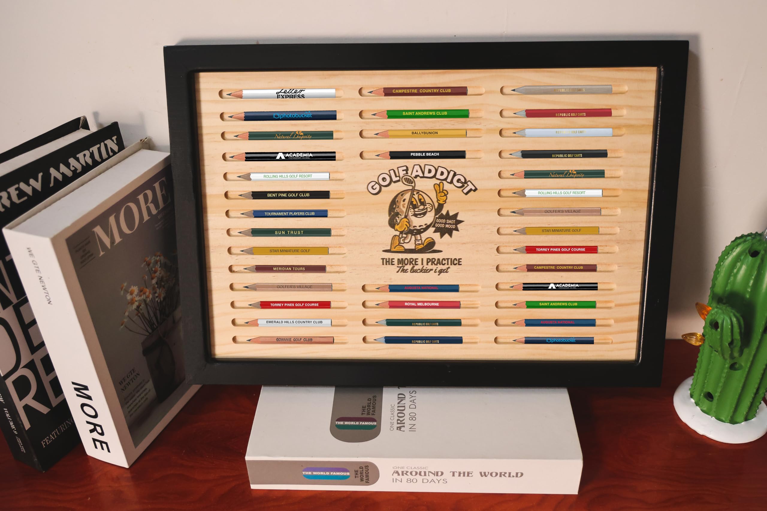 Nosadi Golf Pencil Display Case Golfer Souvenir Pine Wood Display Holds 36 Hexagonal Golf Pencils Presents for Husband, Father