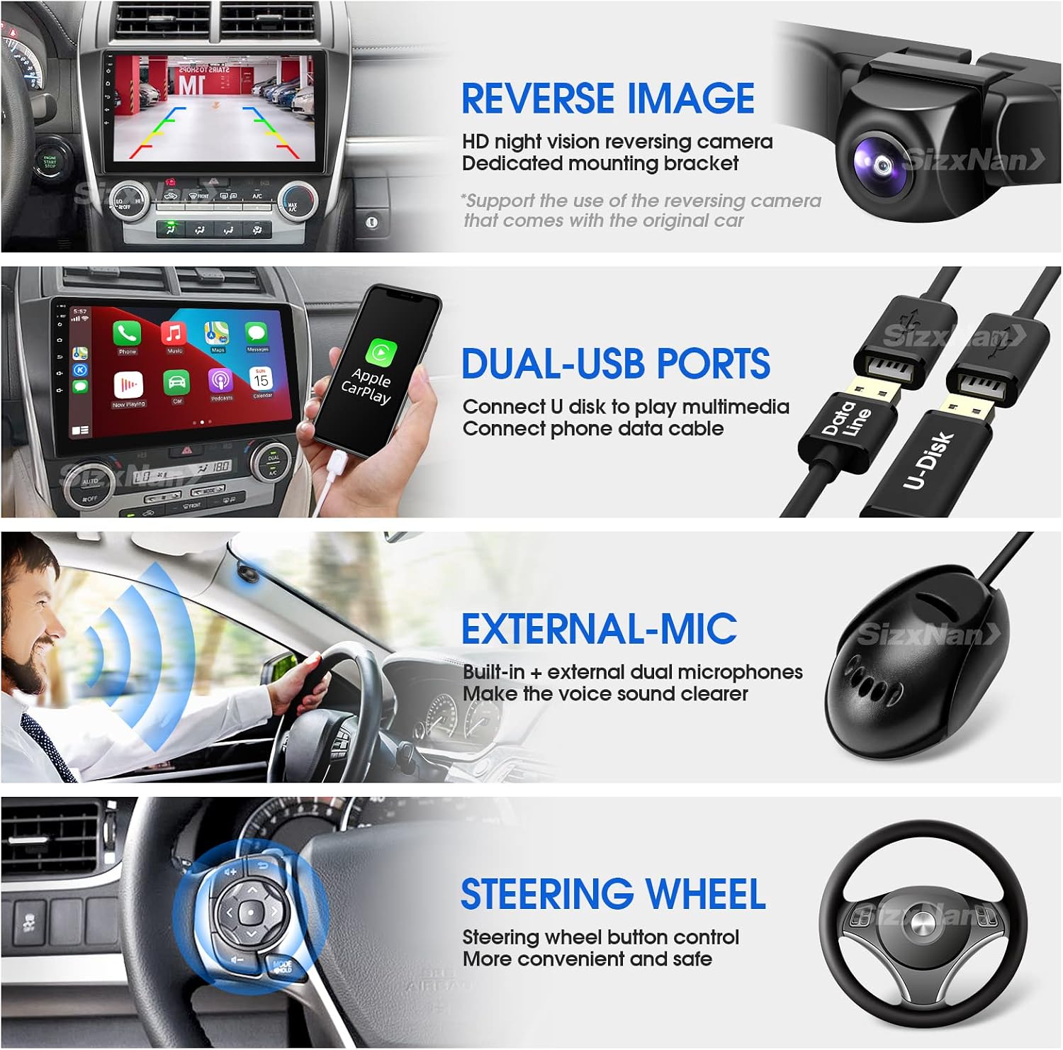sizxnanv for camry android 10 touch screen compatible with carplay android autocar radio stereo bluetooth navigation media player gps wifi fmam rear