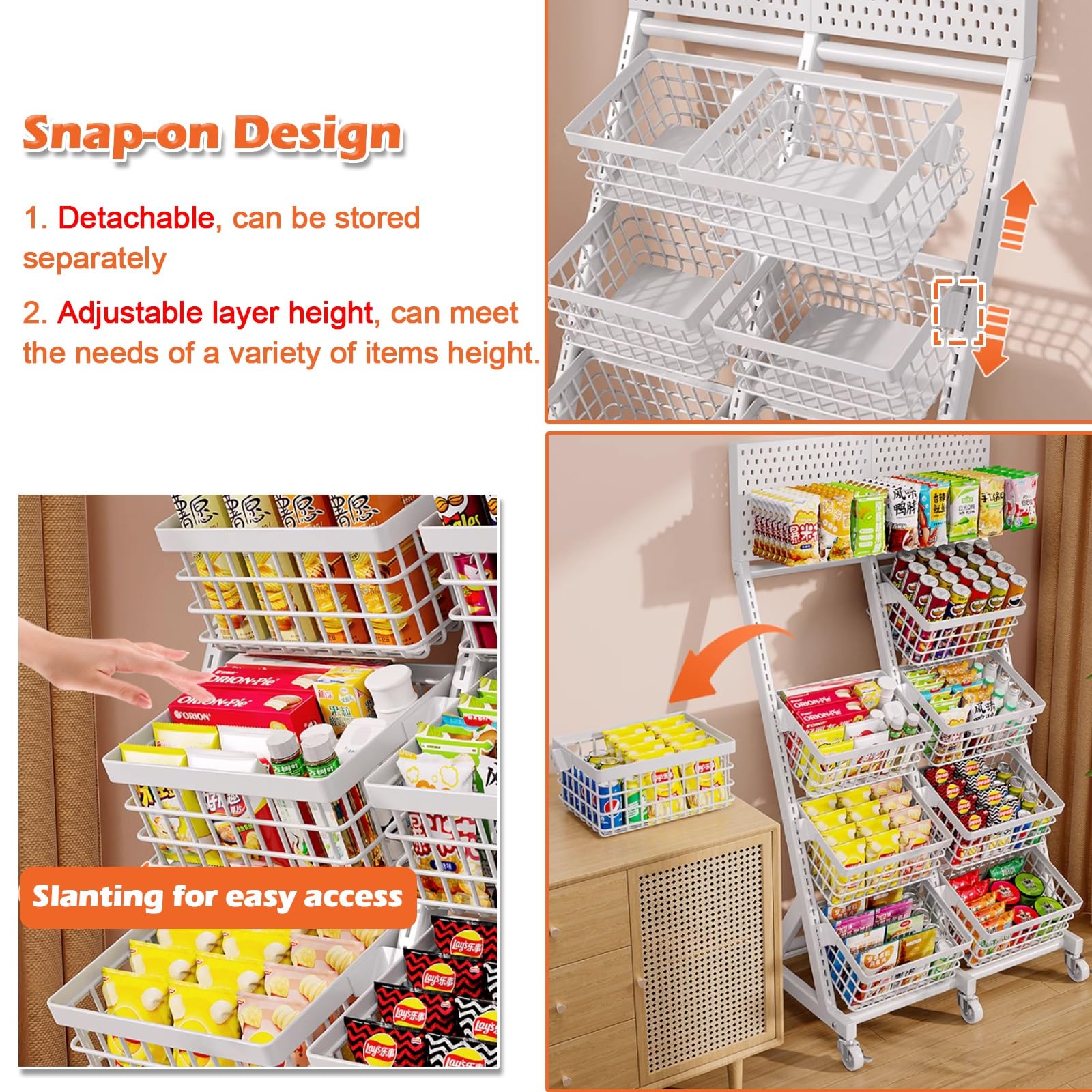 4-stöckiges, weißes Verkaufsregal für Süßwaren und Snacks, freistehender Metallsgal für Süßwaren und Snacks, freistehender Metallständer mit 6 Rollen und 10 Haken, Supermarktregal für Snacks