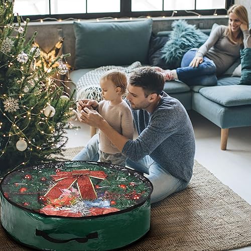 Miniatura 6 de Propik Bolsa de almacenamiento para corona de Navidad de 30 pulgadas, contenedor navideño con ventana transparente, tela resistente a desgarros,