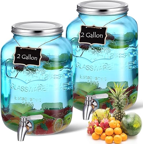 2 dispensadores de bebidas de vidrio con espita de acero inoxidable, pizarra de madera, dispensador de agua de vidrio, dispensador de tarro de