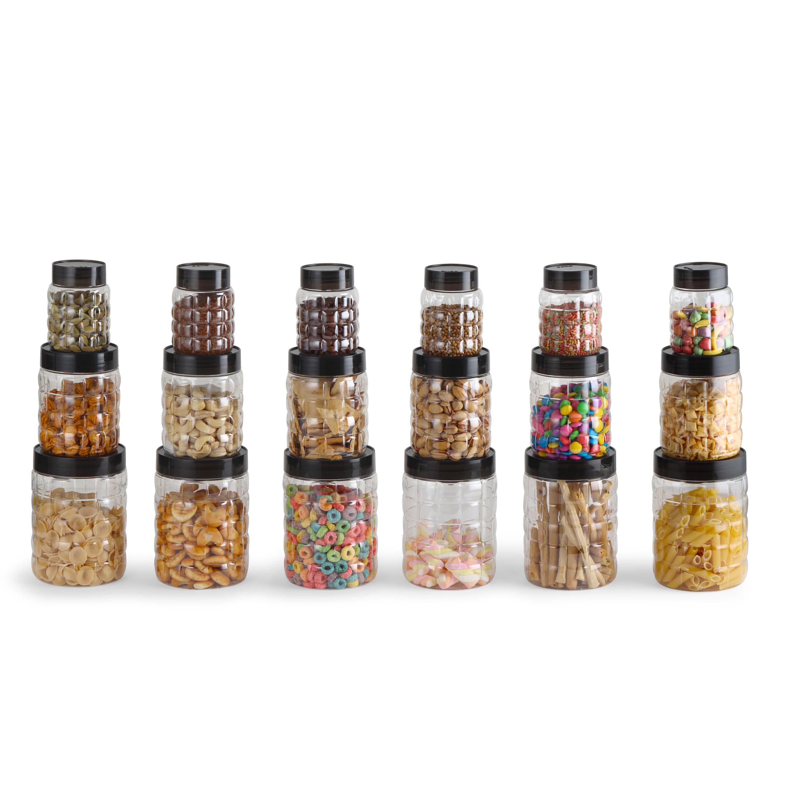 CELLO Checkers Pet Plastic Airtight Canister Set | Food grade and BPA free canisters | Air tight seal & Stackable Transparent | 300ml x 6, 650ml x 6, 1200 x 6, Set of 18-picture-10