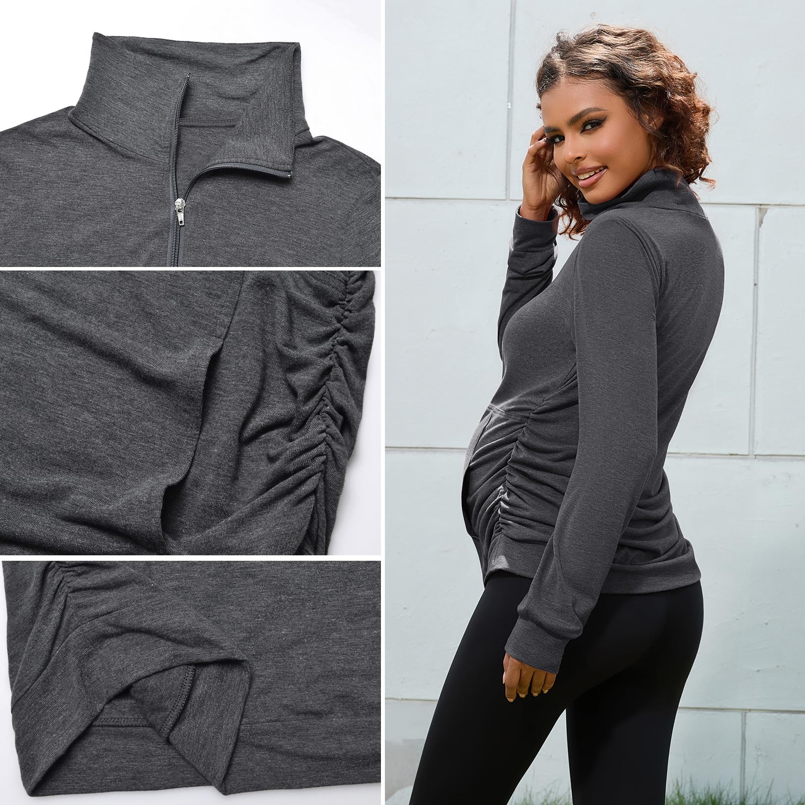 DEBELLY Umstandsshirt mit Tasche für Damen, Revers, lässig, Schwangerschaft, Langarm, Reißverschluss, Kapuzenpullover