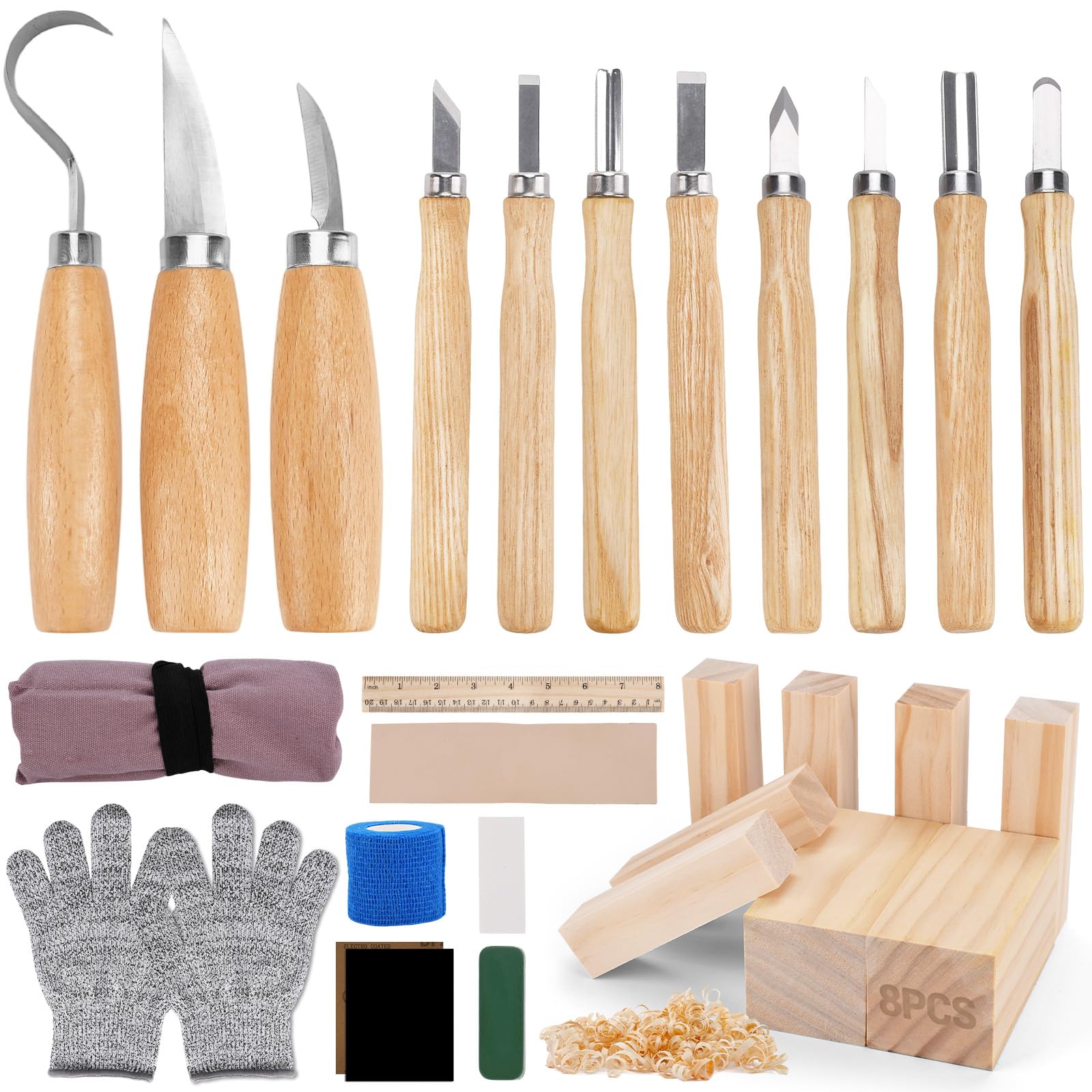 Kit de Tallado de Madera,28 PCS Herramientas para Tallar Madera con Cuchillos,Cinceles,Bloques y Guantes,Bolsa de Almacenamiento,Tallar Maderas para Principiantes,Adultos y Entusiastas
