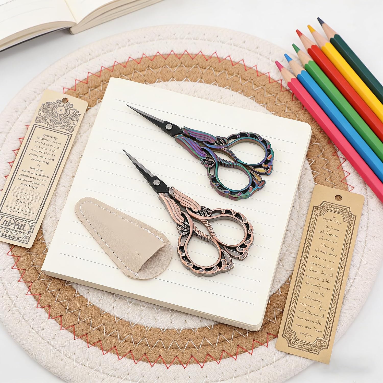 2PCS Sewing Embroidery Scissors with 2 Pcs Artificial Leather Cover, 4.5Inch Small Sewing Crafting Scissors, Sharp Stainless Steel Vintage Scissorses for Needlework Manual Sewing Handicraft