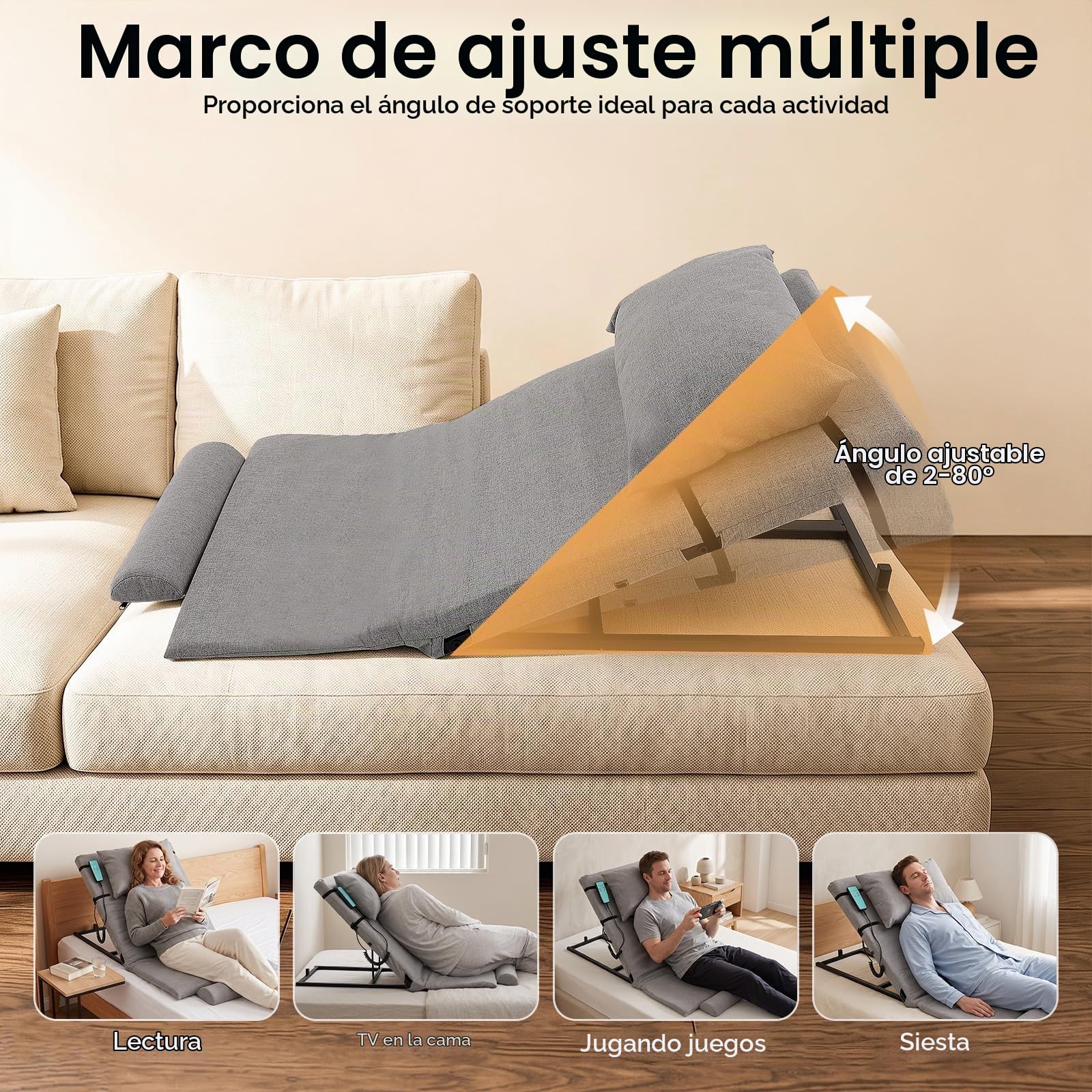 Respaldo Eléctrico Elevable con Mando a Distancia, Respaldo de Cama Electrico Ajustable de 2 a 80°, 300 kg de Capacidad de Carga, Respaldo Cama Elevable con Almohada, Gris