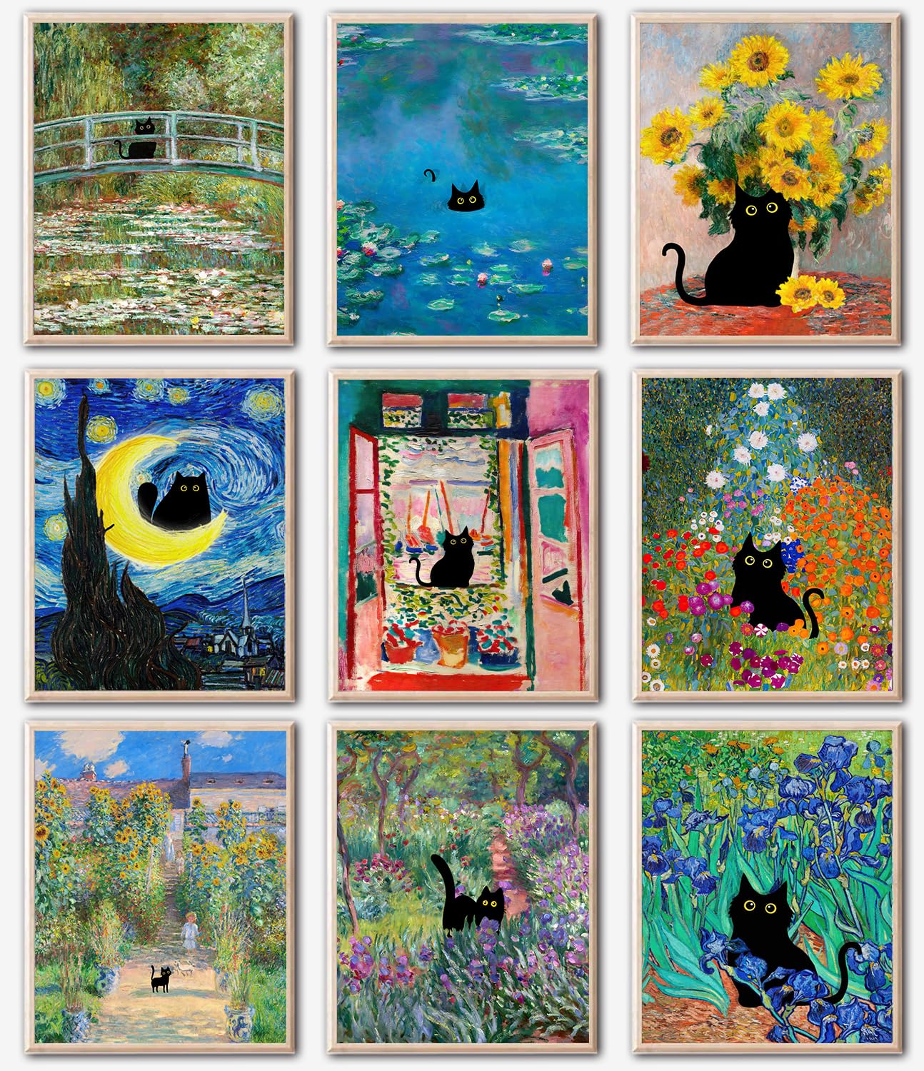 Kizbok Funny Black Cat Poster Set of 9, Vintage Monet Matisse Van Gogh Black Cat Wall Art Prints, Retro Black Cats in Famous Paintings Posters Prints,