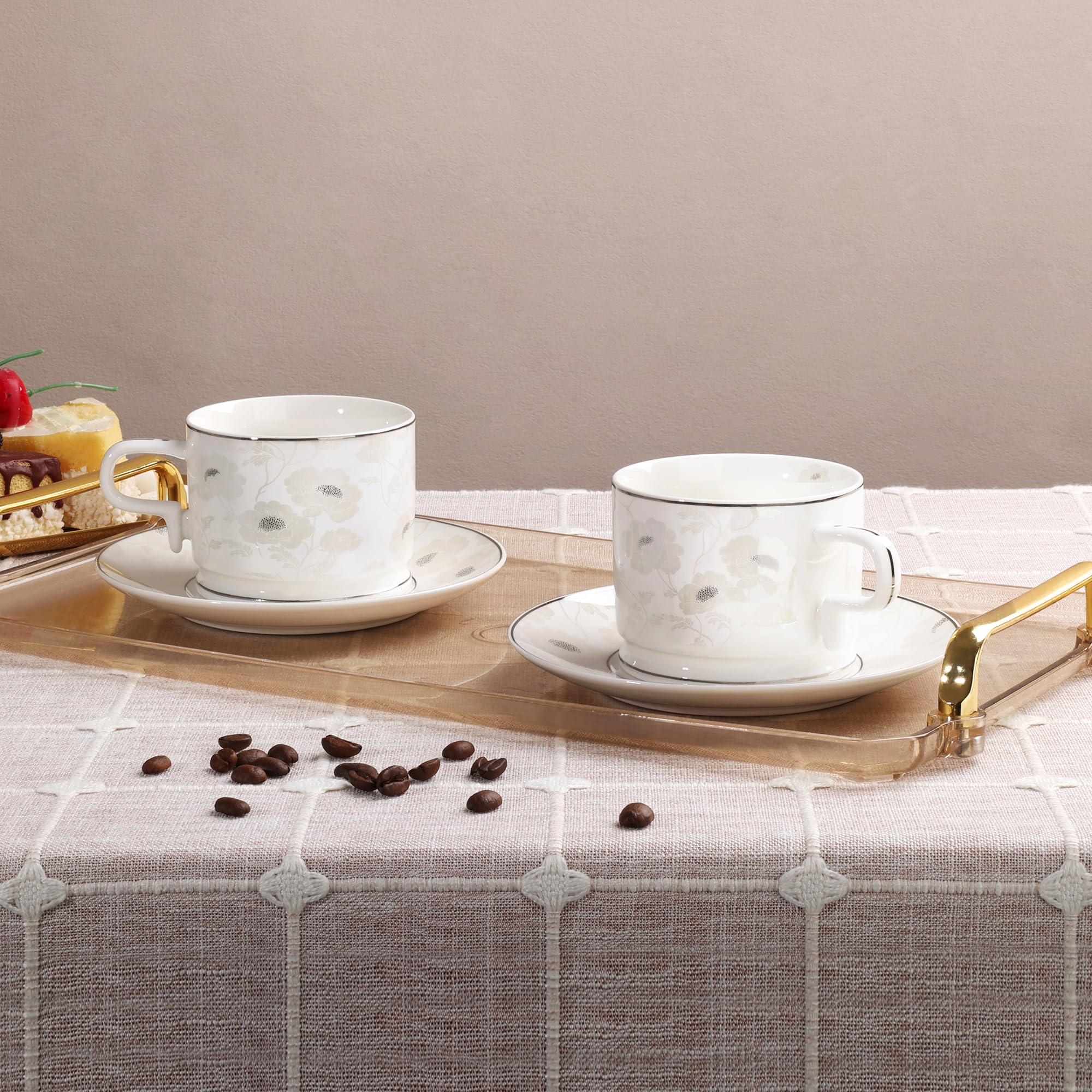 fanquare Srebrny zestaw filiżanek do herbaty z kwiatami i spodkami, zestaw 6 eleganckich brytyjskich filiżanek do kawy, porcelanowe filiżanki do herbaty, prezent na popołudniowe przyjęcie herbaciane