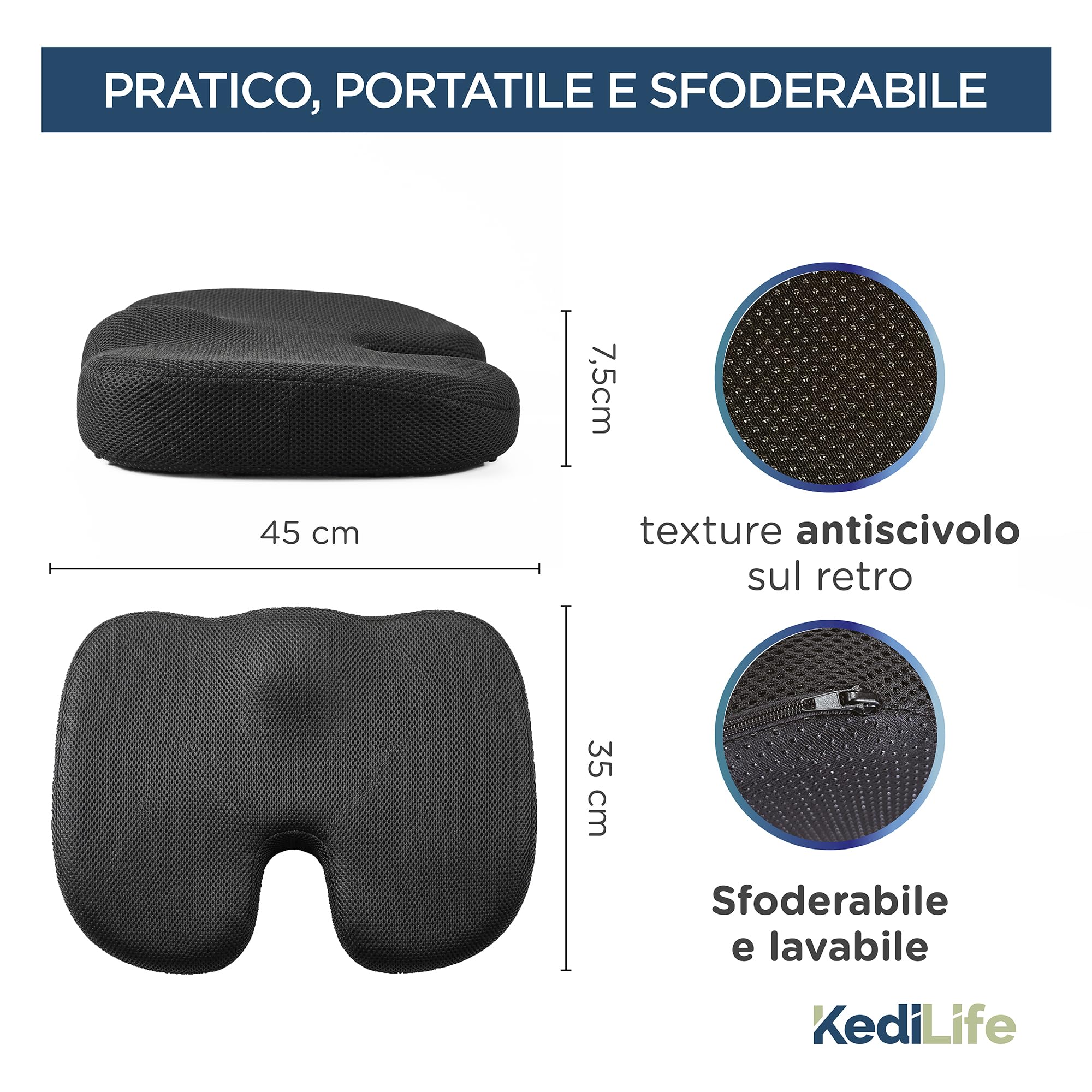 Cuscino Sedia Ufficio - Cuscino Ergonomico Sedile Auto Guidatore - in Memory Foam Traspirante e Sfoderabile - Ideale per Lavoro, Smart Working, Casa, Gaming e Sedia a Rotelle