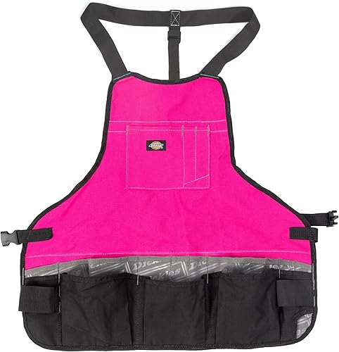 Dickies Delantal con peto de taller de 16 bolsillos, construcción de lona duradera, bordes reforzados, cinturón ajustable, rosa (57146)
