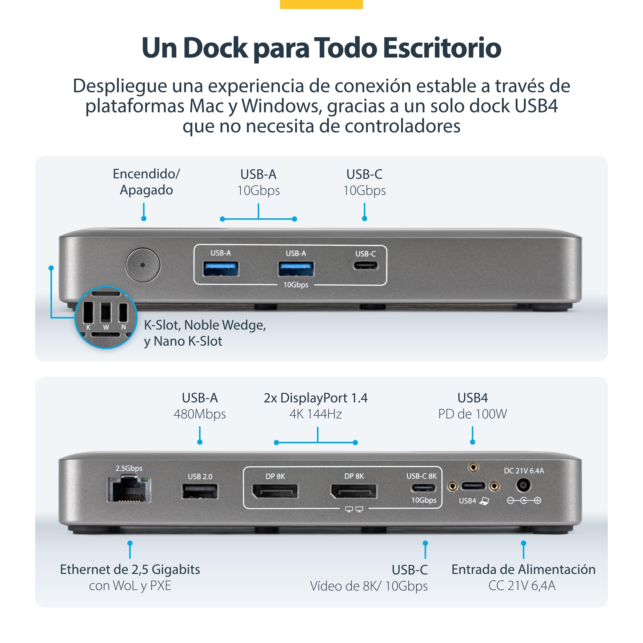 StarTech Dock USB4 Universal, 4K 144Hz Doble o 8K 60Hz DisplayPort, 100W | 4K 144Hz doble u 8K 60Hz, Ethernet de 2,5Gbps, Arranque PXE y Wake-on-LAN, Ranuras de bloqueo, Montaje VESA