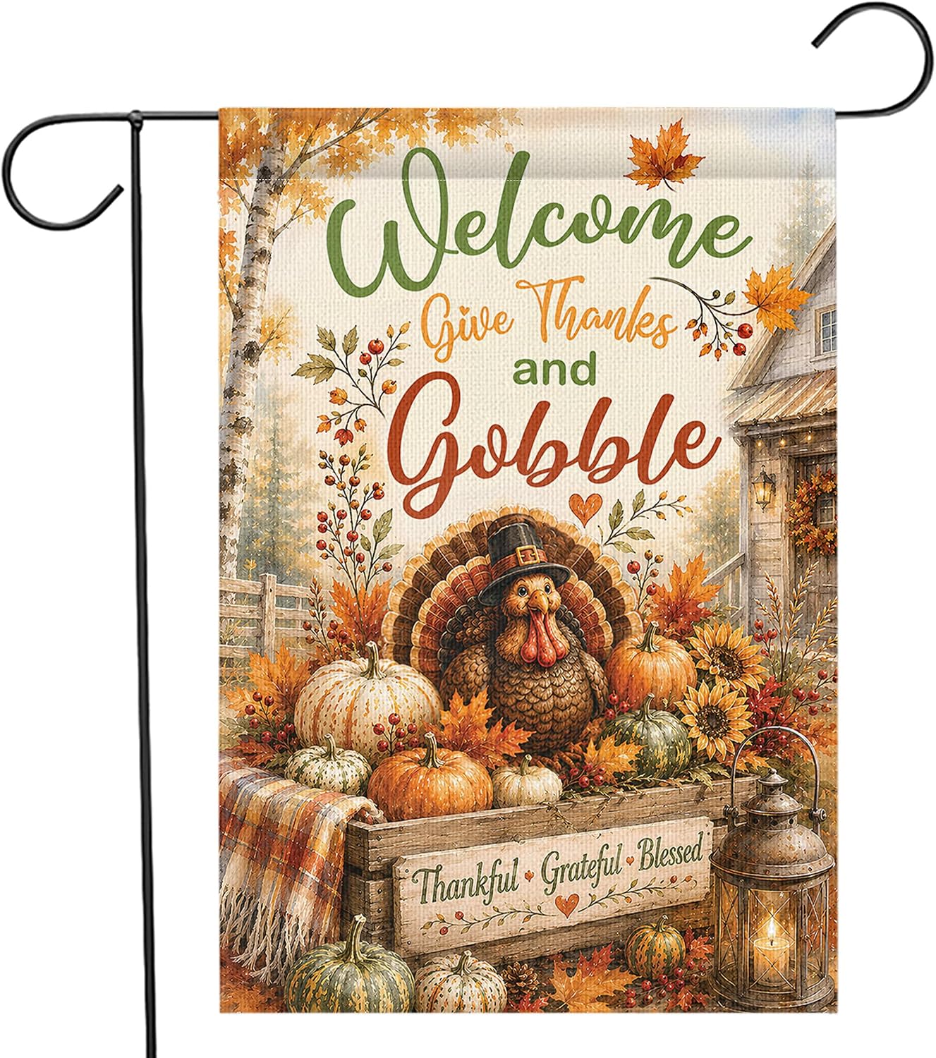 Thanksgiving Garden Flag, Welcome Give Thanks and Gobble Flags 12x18 Inches Burlap Double Sided, Thanksgiving Decorations Turkey Pumpkin Fall Garden Flag – Lawn Yard Holiday Decorations