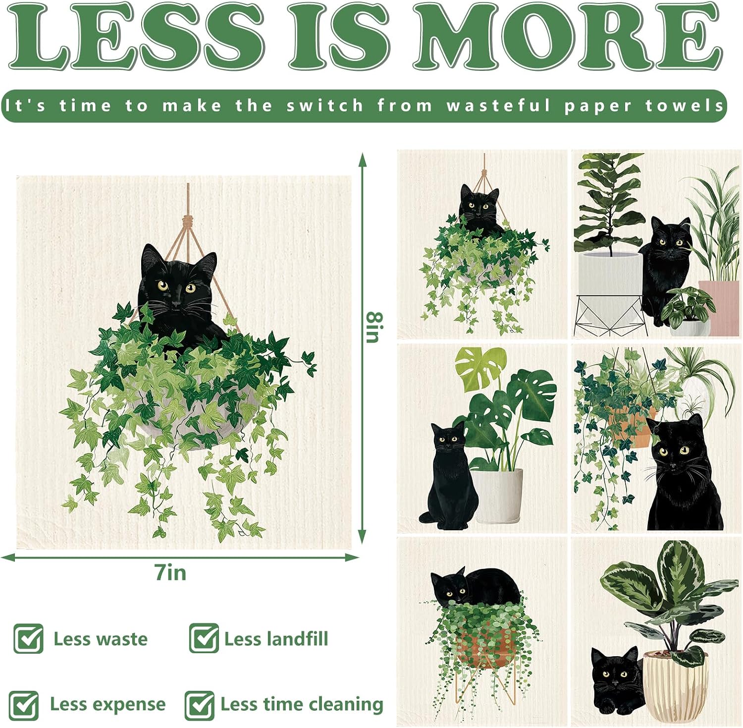 Whaline 6 Pcs Botanical Black Cat Swedish Dishcloths Cotton Kitchen Towels 6 Style Reusable Absorbent Dish Towels for Baby Shower Birthday Party Housewarming Cleaning, 7 x 8 Inch