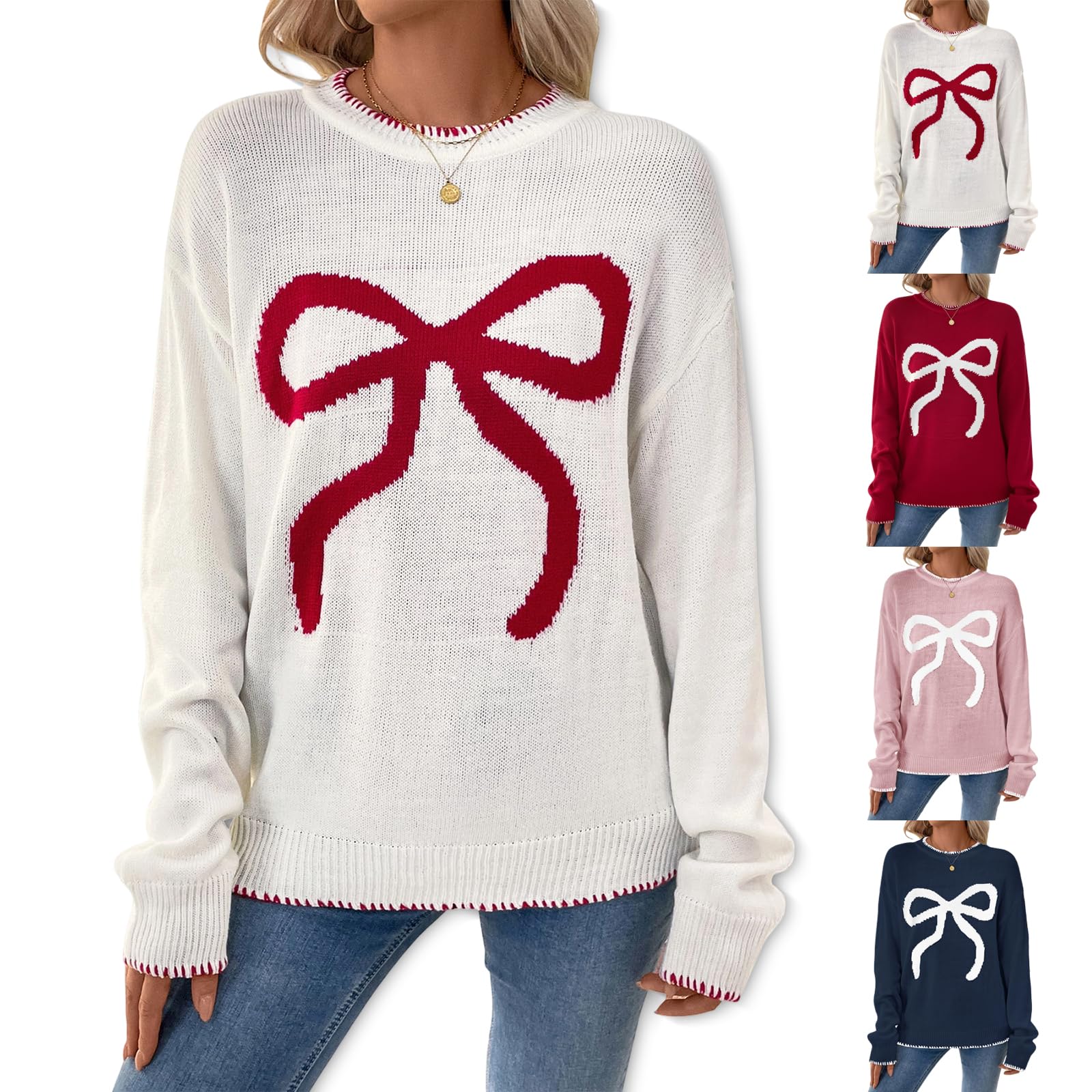 Christmas Sweaters for Women Bow Sweater Casual Crew Neck Long Sleeve Pullover Sweaters Knitted Tops Fall Winter